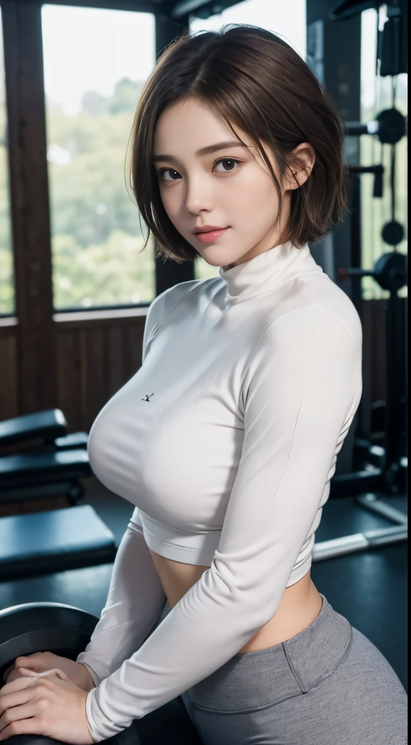 (masterpiece:1.3), (8K, Photoreal, Raw photo, best image quality: 1.4), Japanese high school girl、(very short haired、random hairstyle:1.2,Long Sleeve High Neck Yoga Wear、Long pants leggings、sports shoes)、super detail face、eye for details、double eyelid、chest to chest、sharp focus:1.2、Beautiful woman:1.4、light brown hair、highest quality、masterpiece、Super high resolution、(Photoreal:1.4、Being in the gym、Power Rack、dumbbell、barbell、big breasts)、Highly detailed and professionally lit smiles、thin、serious expression、short haired、deadly position,、on lap