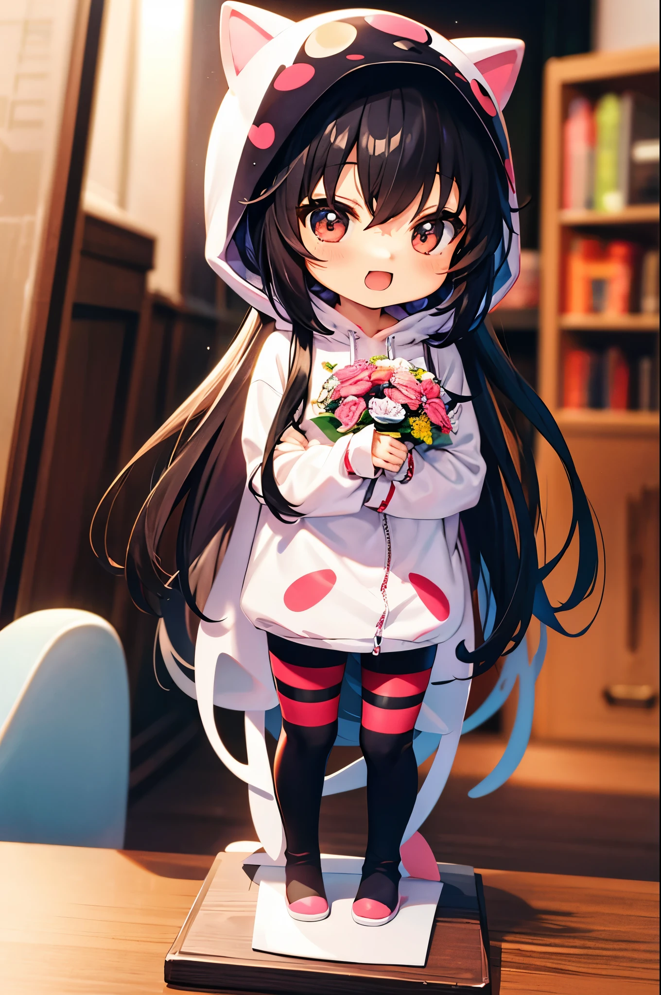 (Chibi:1.3), happy, (holding a bouquet), full body, (Kigurumi), indoors, on the table, (Nendoroid:1.1),