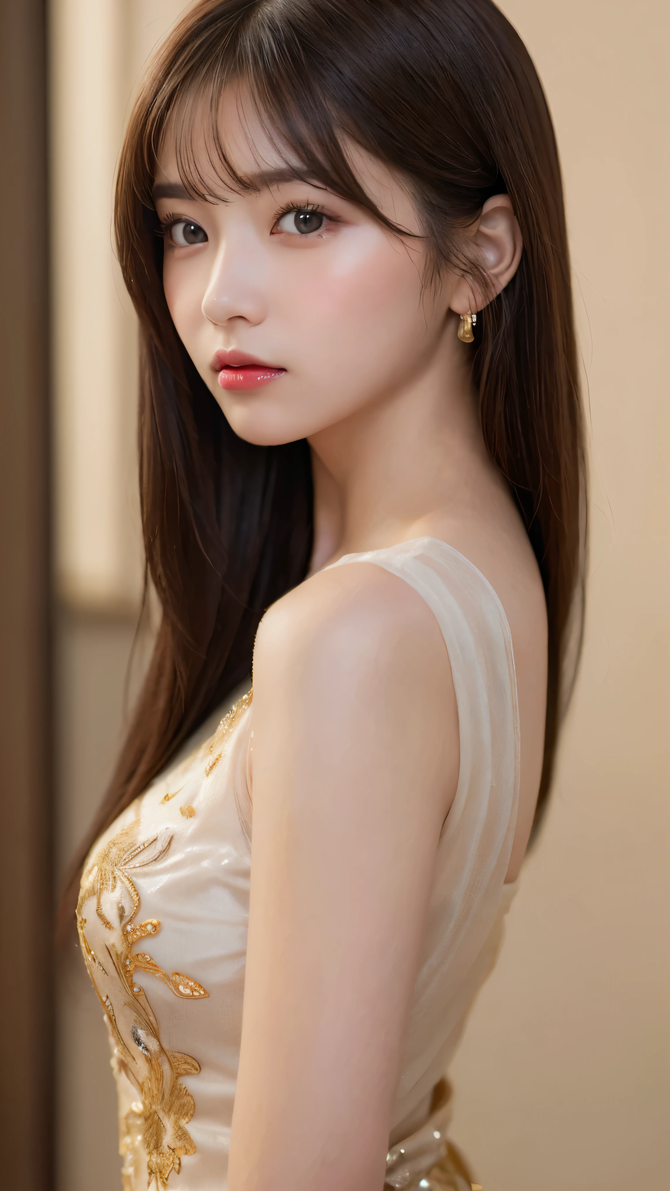 (masterpiece:1.5)、(realistic:1.5)、(highest quality:1.4、8K、RAW photo)、
ultra high resolution、professional lighting、perfect dynamic composition、indoors、
film grain、chromatic aberration、(Bokeh:1.1)、
Frank、Sophisticated、Charm、surreal、high detail、golden ratio、
(1 girl)、slender girl、繊細でCharm女の子、cute woman:1.4、
serious expression、looking at the viewer、
light brown hair、shining hair、Random cute hairstyles、
clear and beautiful skin、skin that looks real、
close your mouth、natural color lip、fine eyes、double eyelid、thin arms、
(wearing a chinese dress)