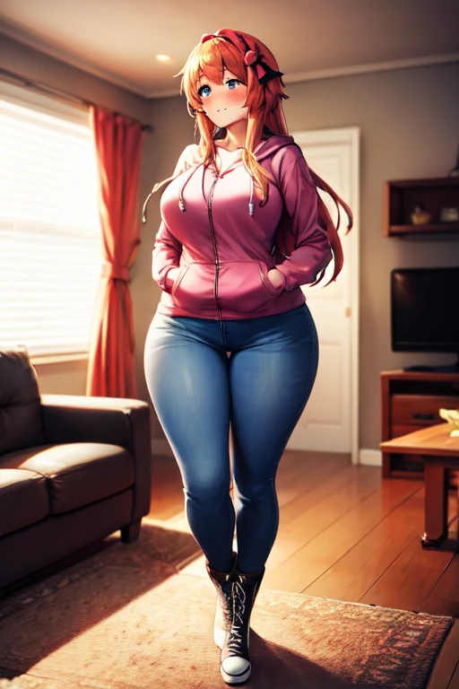 Sayori wearing a pink shirt under a red zip up hoodie, blue jeans, and red knee high lace up converse boots with round toes, Large breasts, thick thighs, cute, full body image, long hair, light blue eyes, quality images, (high quality face and body), living room, standing, blushing and embarrassed