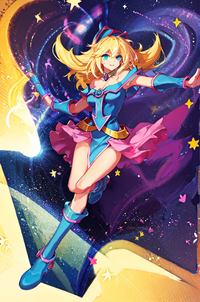 Niña Dark Magician Girl, casual clothes, Alas, starry sky, glow worm, color, light smile, Arm stretch, Take a look at the viewfinder, detailed face, full body shot, silhouette, 8K, Super detailed, shine, bloom, textured leather, cure, best quality, high quality, High resolution, advanced details, Complex, disorganized, anatomically correct, masterpiece.