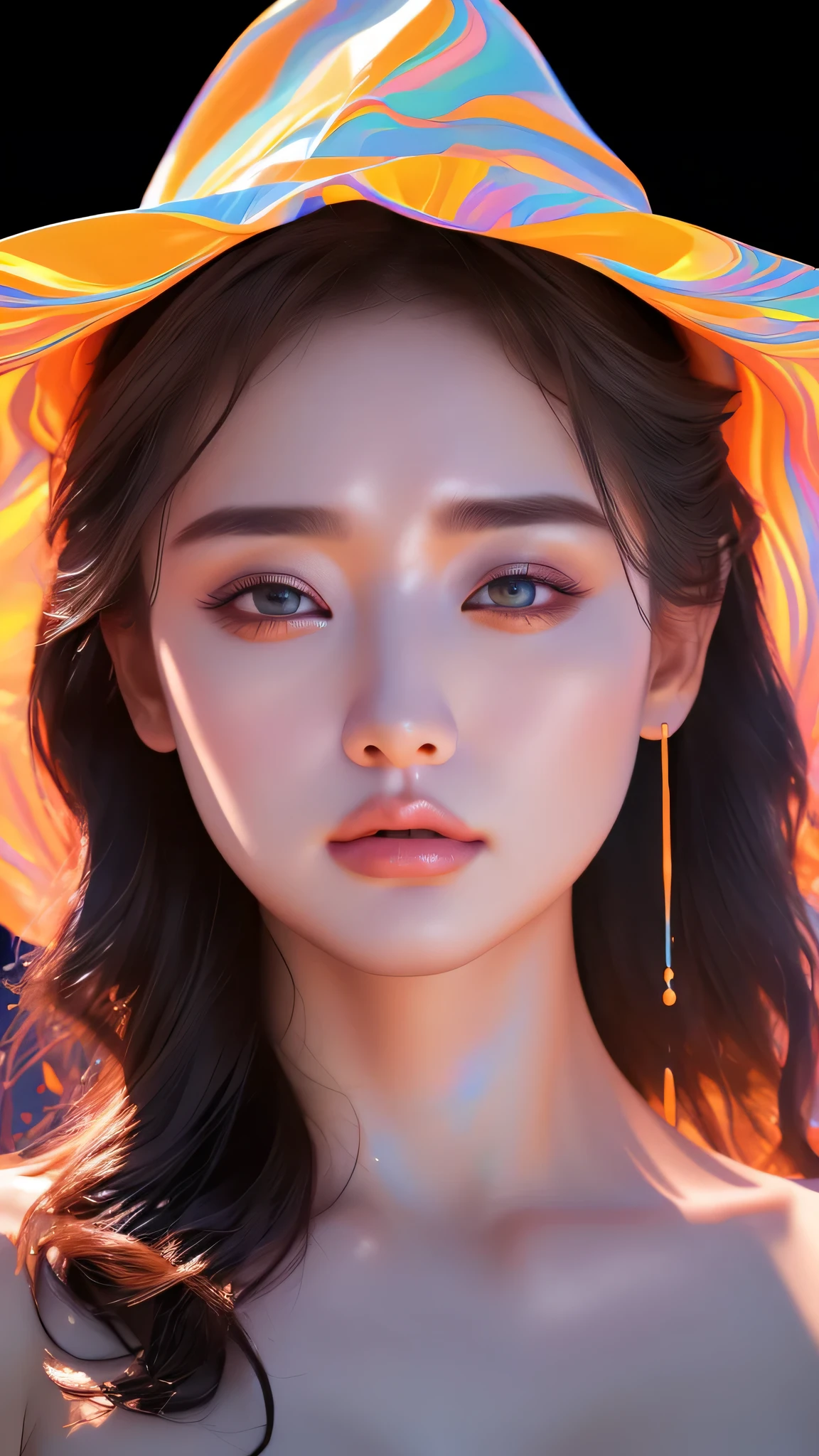 （masterpiece、highest quality、Ultra-high RES、very detailed、sharp focus、perfect feminine face、hourglass fog）、（Portrait：1.4）、Shiny skin、Iridescent dresses、detailed background、round cute face、brown eyes、amazing amazing details、rich colors、Realistic textures、dramatic lighting、unreal engine、art station trends、art station trends、Synestyl 800 Tungsten、pixten trends、Sakimichan、george kamitani、Akira Yasuda、Alfon、Greg Gratkoski、Gil Elfgren、William Adolphe Bouguereau、Greg Latkowski