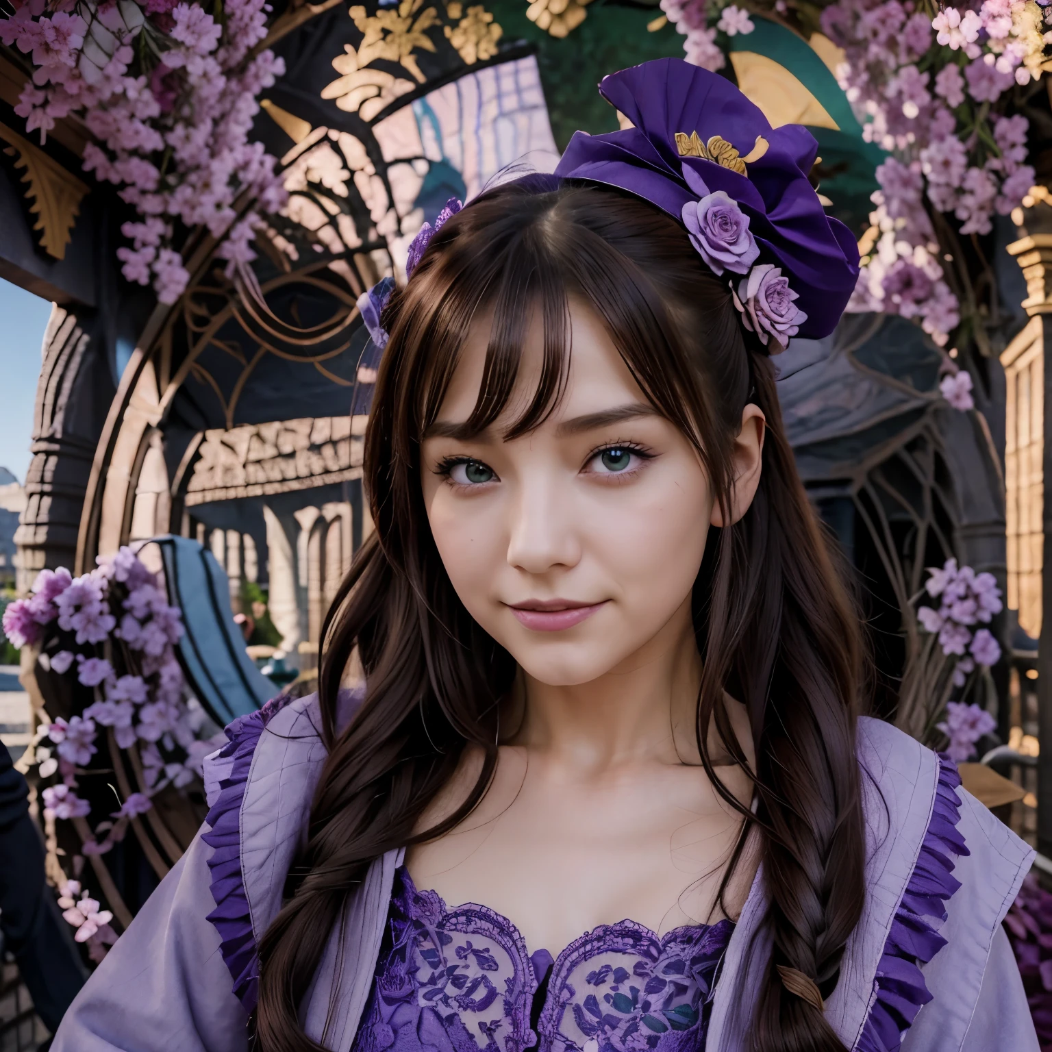 beautiful girl, perfect face, Side arm, Masterpiece, Ultra high resolution, High quality, 4k, upper body:1.5,  Lisa (Genshin Impact), urple sorceress hat, green eyes, brown hair, (PureErosFace_Version 1:0.008), (Europe:1.6), smooth, set, rose, decorations, sorceress, overcoat, Purple Hat, black gloves, Purple flowers, hair between the eyes, purple rose, Chapped lips, purple overcoat, Flower Hat, multicolored set, decorationsผม,  windmills, from the side,