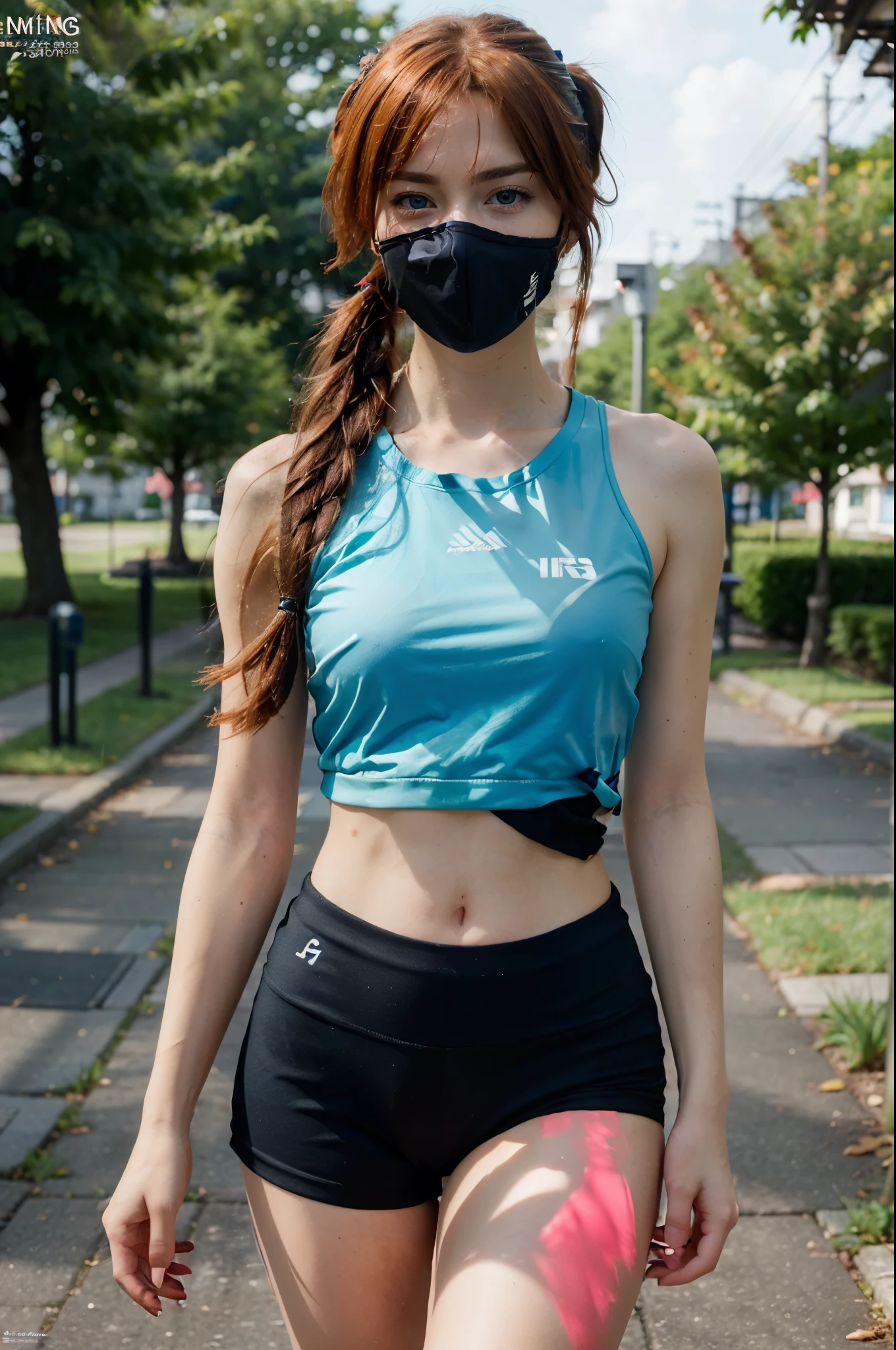 (best quality), (high resolution), Asuka Langley Soryu, Beautiful Pretty Mixed German Babe, ((beautiful face)), sexy lips, Gingers Twin tails long Hair, intense gaze, dark blue detailed beautiful eyes, looking at viewer, combine realism and anime influence, jogging track, full body:1.5