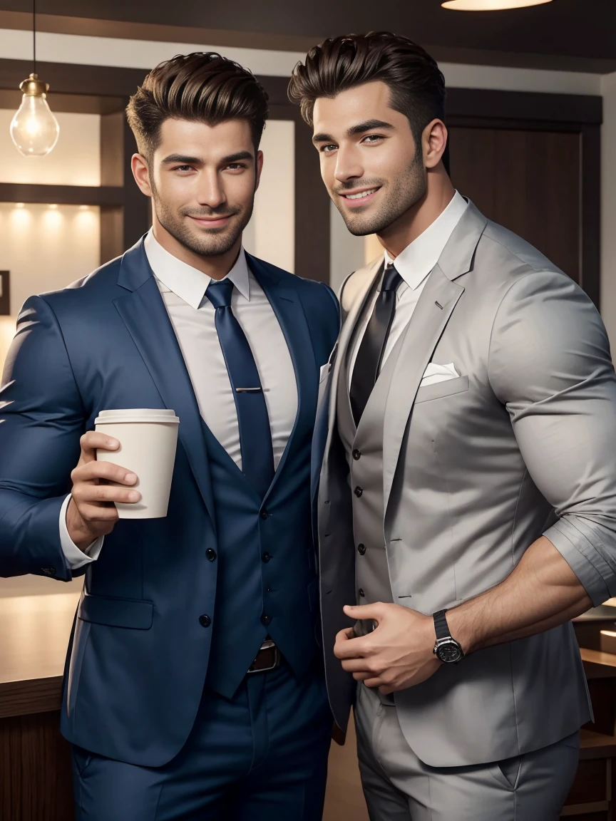 8k，8K resolution，2 Muscular Europeans, handsome man，charming eyes，rough real skin,beautiful, smooth and shiny，Full muscles，Thick body hair， (Wearing a stylish suit)，big bag，emphasize，(在家里坐在沙发上悠闲的drinking coffee)，Two men smiling happily，drinking coffee，professional lighting，Professional photography，Realistic photos，realistic model，realistic art
