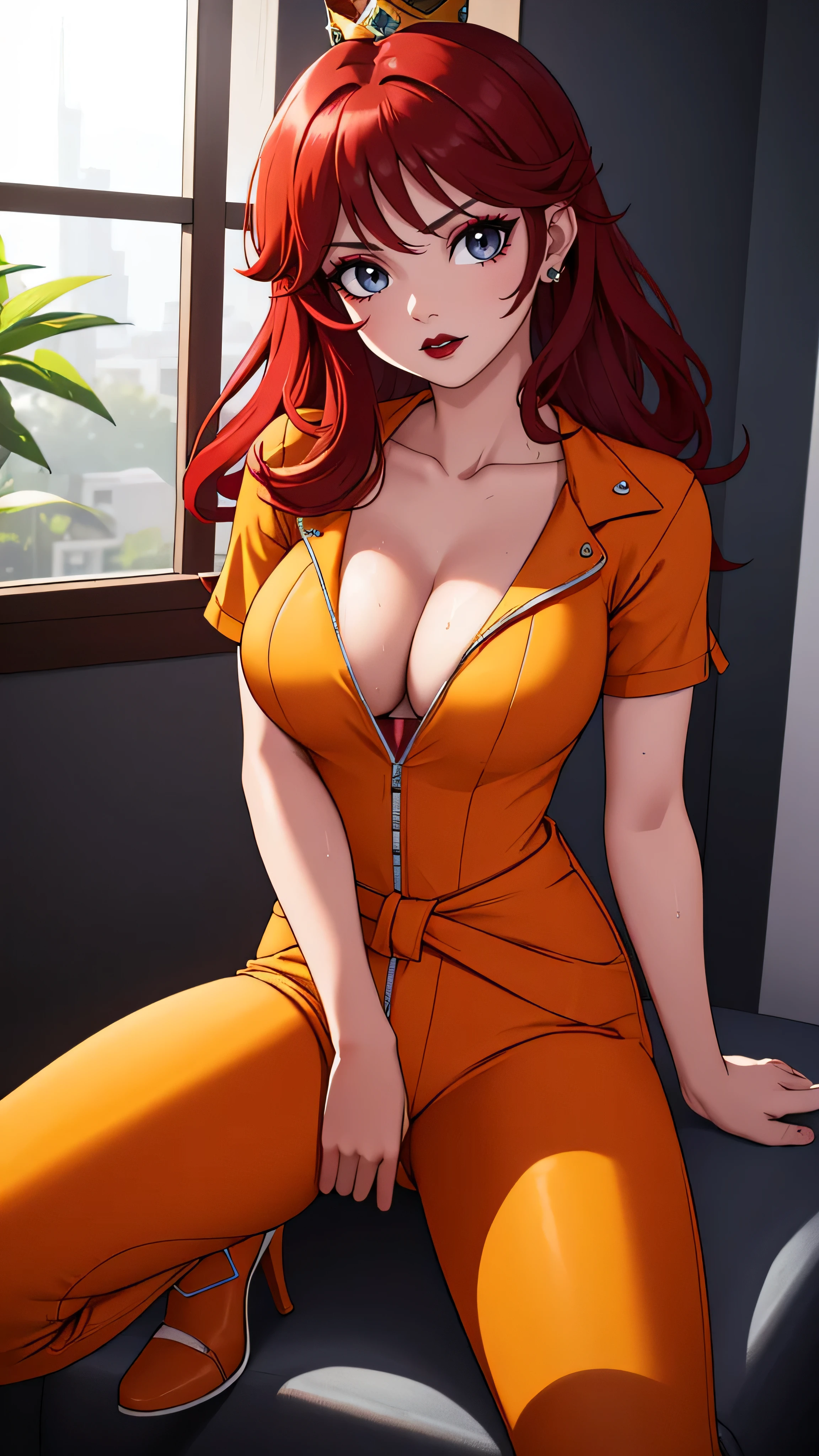 ((high detailed, best quality, 4k, masterpiece, hd:1.3)), ((best quality)), (((HD))), (((8k))), (ultraDH), (ultra HD), Shower_room_background, shower room, Soothing Shower, sunlight through the window, window, wooden room, Princess Daisy, BREAK neon blue eyes, seductive, attractive, sexy smile, smiling, smooth anime cg art, 36C_breasts, cleavage, 36C cleavage, long legs, vivid colors, detailed digital art, slim body, perfect skin, dark red hair, long red hair, dark hair, red hair, long_dark_red_hair_over_breasts, dark_red_hair_over_breast, wet hair, wet red hair, wet_dark_red_hair, wet_dark_red_hair_over_breast, BREAK crown, looking at viewer, BREAK looking at viewer, extremely detailed face, (orange and white jumpsuit), (Jumpsuit:1.5), (orange and white racing suit), (racing suit:1.5), (orange high heels), no bra, no underwear, full body, earrings, gem, dark gothic eyeshadows, dark eyeshadows, black eyeshadows, black_sexy_lips, black lips, dark lips, gothic painted lips, dark_black_lips, very dark lips, black_painted_lips, (very thin lips), thin lips, detailed lips, (dark:1.2), (perfect hands, perfect anatomy), black makeup, detailed fingers, five fingers per hand, 5 fingers, (1 girl), (solo:1.3), (breast focus), (breasts out:1.3), (hands on waist:1.3),