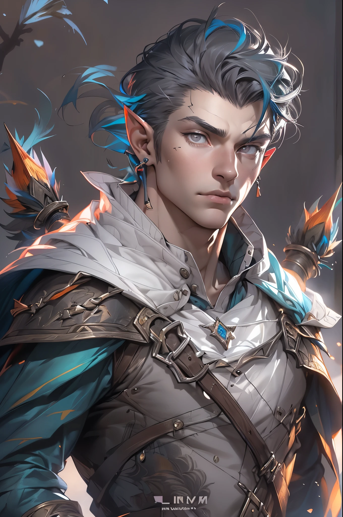 high elf. light elf, Male,male:1.5,1 male, (Male,muscle,1 boy, 1 boy,chest,male chest,muscular), 45 year old male,((1Male,1 Male,1male,male,Male gender :1.5,handsome male,Male focus)),(((elf))), (((elf ears))), high elf, light elf, pointed ears, (((Pale_gray_eyes:1.3))), complex eyes ,beautiful detailed eyes,symmetrical eyes,(light skin), (multicolored hair,gradient from black to white:1.4), young handsome Male,Ideal body,ideal face,((detailed face)), expressive eyes,serious face,(ultra detailed:1.3), beautiful detailed glow, finely detailed, ultra-detailed, (light armor, overcoat, thermal underwear, archer, Ranger, (purple cape with hood: 1.2, purple_cape, hood)),((complex outfit,complex clothes)),((quiver with arrows :1.5,quiver of arrows:1.5)), (dynamic pose:1.0),mocking serious attitude,(Centered,scaled to size,Rule of Thirds),with dark storm clouds,spring,landscape:1.25 ,((blossoming forest background)),High definition,sharp focus,(ultra detailed,Extremely detailed),(photorealistic work:1.37),(Extremely detailed CG unity 8k wallpaper),(((Vivid colors,vivid theme ))),(complex),(Masterpiece),(Best quality)
