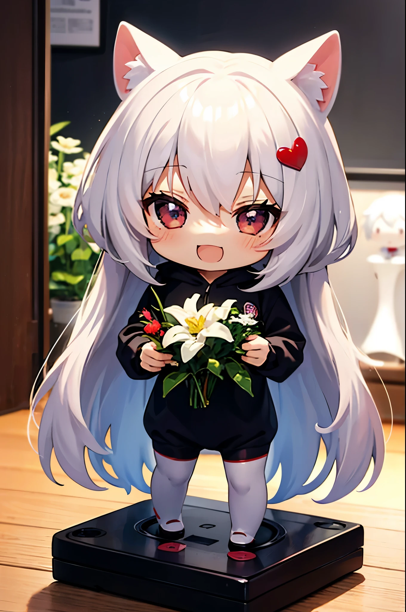 (Chibi:1.3), happy, (holding a bouquet), full body, (Kigurumi), indoors, on the table, (Nendoroid:1.1),