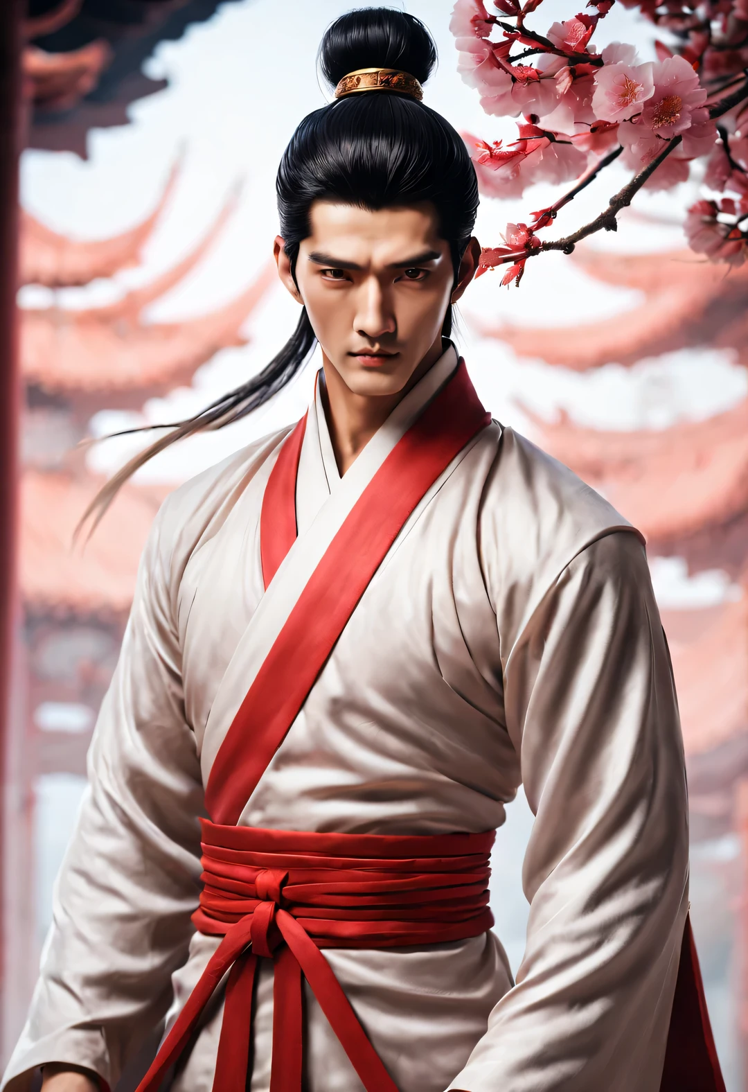(male character design), Half body photo, Staring at the camera,
King Lanling is tall and respectful, Has a virginal appearance, Peach blossom-like face, Lips as red as vermilion, High and straight nose bridge, And those deep eyes,As if you can see through your heart. His skin is fair and delicate, like an inexperienced girl, But there is an extraordinary heroic spirit between the eyebrows. He has a slender figure, Has beautiful muscle lines, like a perfect sculpture. His fingers are long and strong, (Half of his face is covered with a gorgeous mask),
His character is brave and beautiful, like a woman. He is brave and decisive, Never back down in the face of strong enemies. His fighting skills and intelligence led him to repeated victories on the battlefield. There is an indescribable tenderness and warmth in his heart, loyalty, Inspired by Chinese actor Hu Ge, Surrealism, HD, high quality, HD analysis, 16k,
