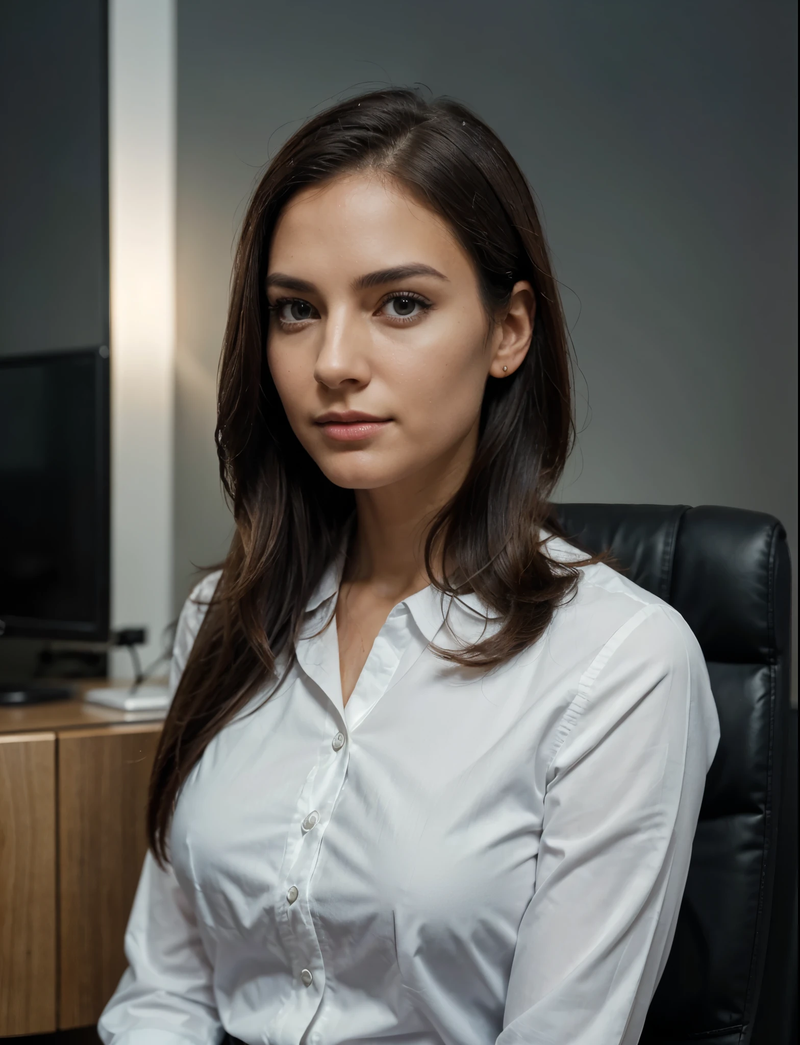 Subject: Corporate woman in her mid-30s
Important Feature: Sophisticated and polished appearance
More Details: Business attire, well-groomed hair, and subtle accessories
Pose or Action: Confident and poised, reflecting a professional demeanor
Framing: Head and shoulders, highlighting the corporate elegance
Setting/Background: Office environment or neutral backdrop for a professional feel
Lighting: Soft and even lighting to enhance facial features with a touch of professionalism
Camera Angle: Eye-level, conveying confidence and competence
Camera: High-quality DSLR for a polished and detailed appearance
Lens: Standard portrait lens for a professional perspective
Camera Properties: High resolution to meet professional photography standards.