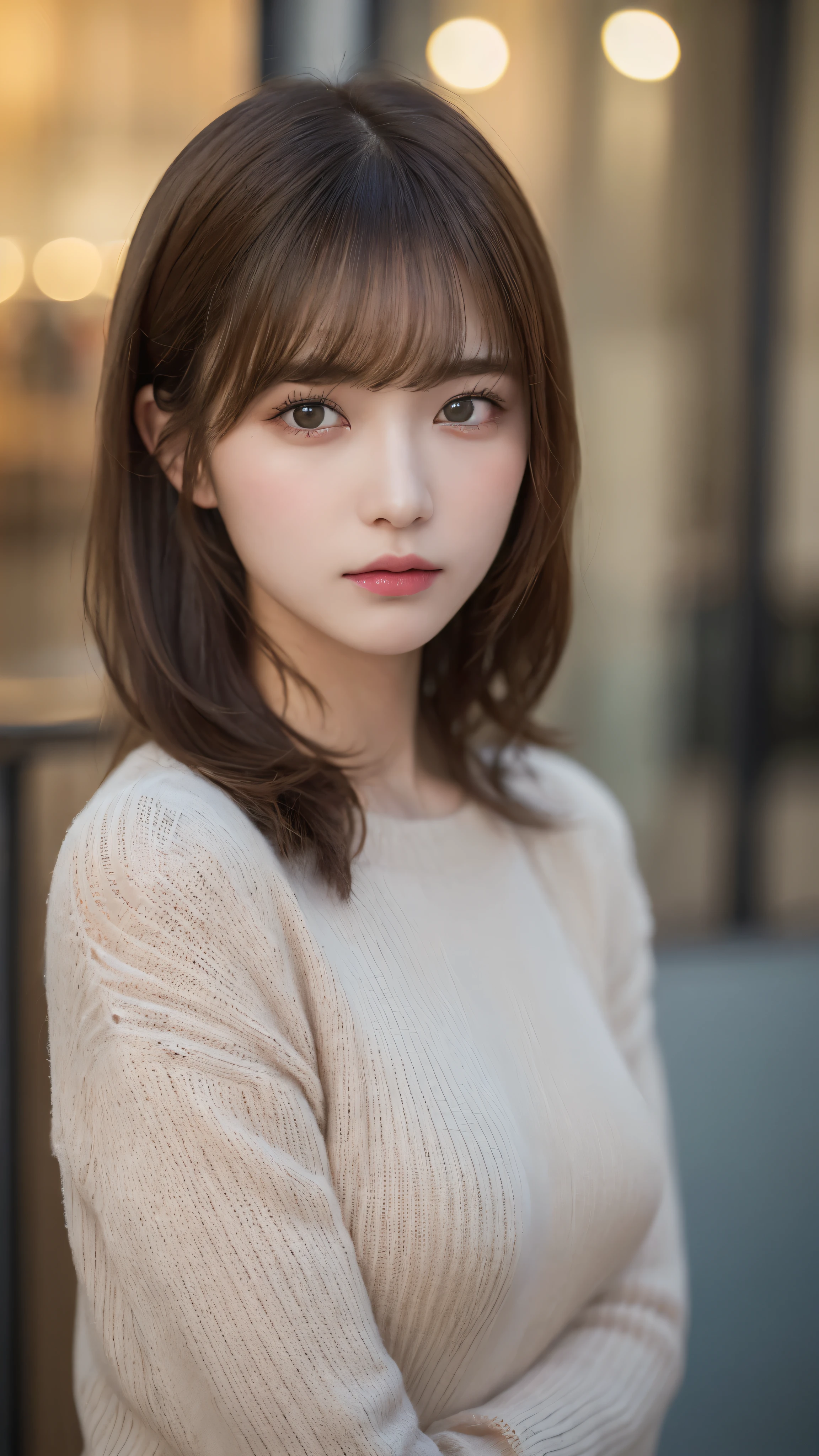 (masterpiece:1.5)、(realistic:1.5)、(highest quality:1.4、8K、RAW photo)、
ultra high resolution、professional lighting、perfect dynamic composition、indoors、
film grain、chromatic aberration、(Bokeh:1.1)、
Frank、Sophisticated、Charm、surreal、high detail、golden ratio、
(1 girl)、slender girl、繊細でCharm女の子、cute woman:1.4、
serious expression、looking at the viewer、
light brown hair、shining hair、Random cute hairstyles、
clear and beautiful skin、skin that looks real、
close your mouth、natural color lip、fine eyes、double eyelid、thin arms、
(wearing a long knit)