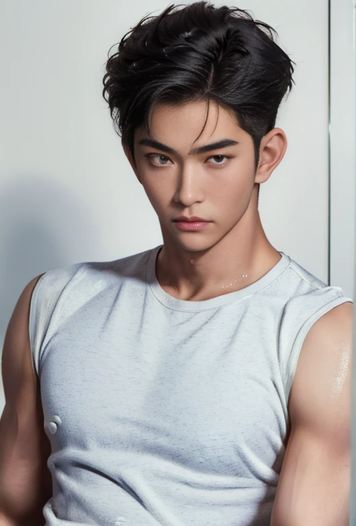 ((High quality)), ((masterpiece)), ((highly detailed)), perfect face, realistic, ((man)), ((Asian)), black hair, comma hair cut style, ((handsome)), detailed eyes, beautiful detailed nose, realistic body, realistic light, comfortable expressions, cute guy, sweat guy, cool guy, ((athletic body))