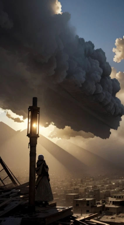 (masterpiece, best quality, CGI, official art:1.2), brave Arab survivor, (tattered keffiyeh:1.3), pushing away fallen beams, rays of hope breaking through the destruction, dynamic angle, intense emotion, determined expression, remnants of a collapsed structure, dust clouds billowing, vivid storytelling, capturing the spirit of survival, dark atmosphere, contrast between destruction and strength, war-torn environment, looking toward the light, immersive composition, captivating narrative.