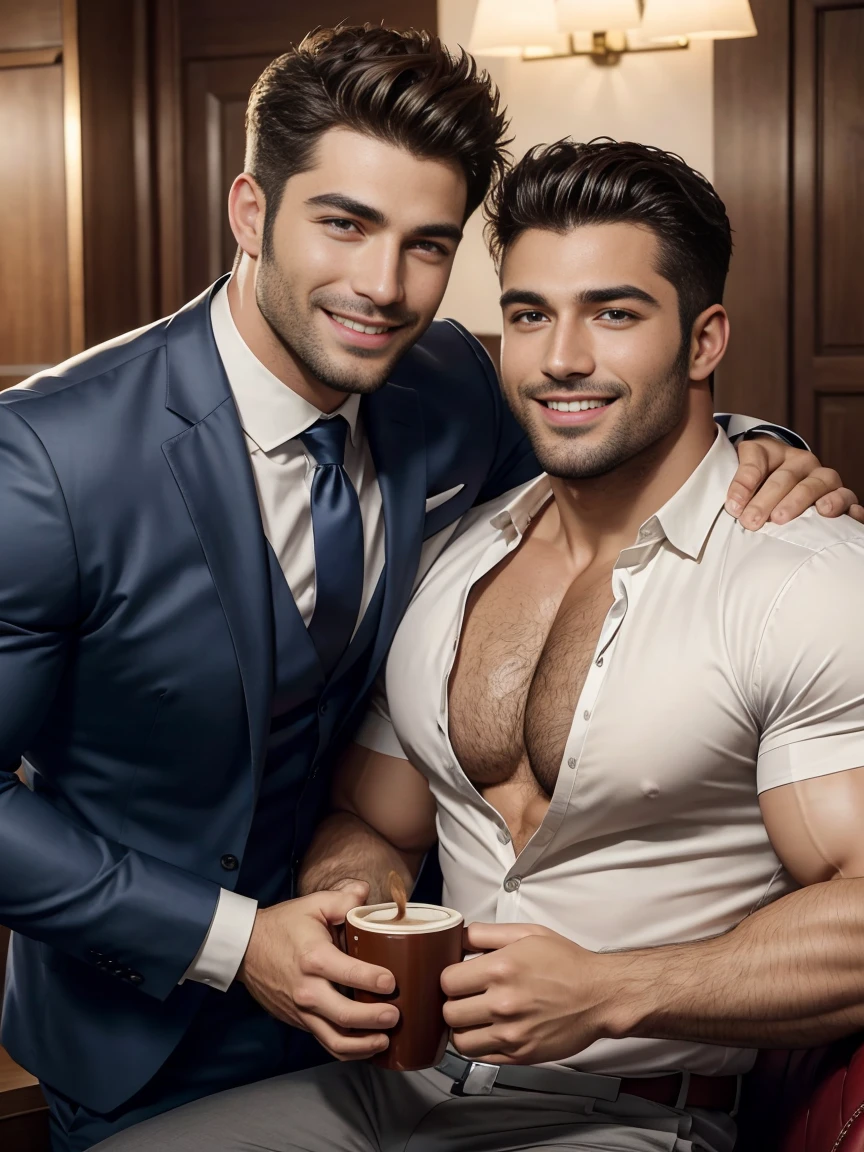 8k，8K resolution，2 Muscular Europeans, handsome man，charming eyes，rough real skin,beautiful, smooth and shiny，Full muscles，Thick body hair， (Wearing a stylish suit)，big bag，emphasize，(在家里坐在沙发上悠闲的drinking coffee)，Two men smiling happily，drinking coffee，professional lighting，Professional photography，Realistic photos，realistic model，realistic art