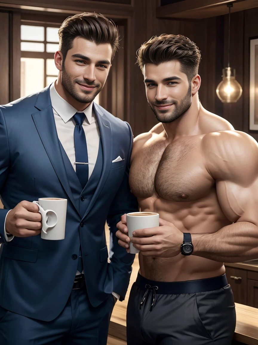 8k,8K resolution,2 Muscular Europeans, handsome man,charming eyes,rough real skin,beautiful, smooth and shiny,Full muscles,Thick body hair, (Wearing a stylish suit),big bag,emphasize,(在家里坐在沙发上悠闲的drinking coffee),Two men smiling happily,drinking coffee,professional lighting,Professional photography,Realistic photos,realistic model,realistic art