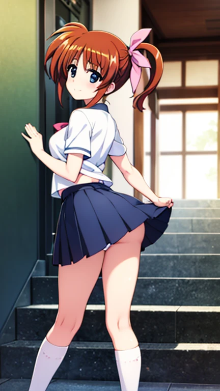 one girl,full body figure,big breasts、child、primary school student、low length、very big boobs,big boobs,perfect 5-fingered hands、mini skirt、I can see white panties、whitepanty、shy face、perfect thing、highest quality、big breasts、detailed description、small details、detailed face、white skin、lift skirt、Skirt flip、erotic pose、Nanoha Takamachi、takamachi nanoha、magical girl lyrical nanoha、school uniform、going up stairs、turn around、look back、Pose that emphasizes the buttocks