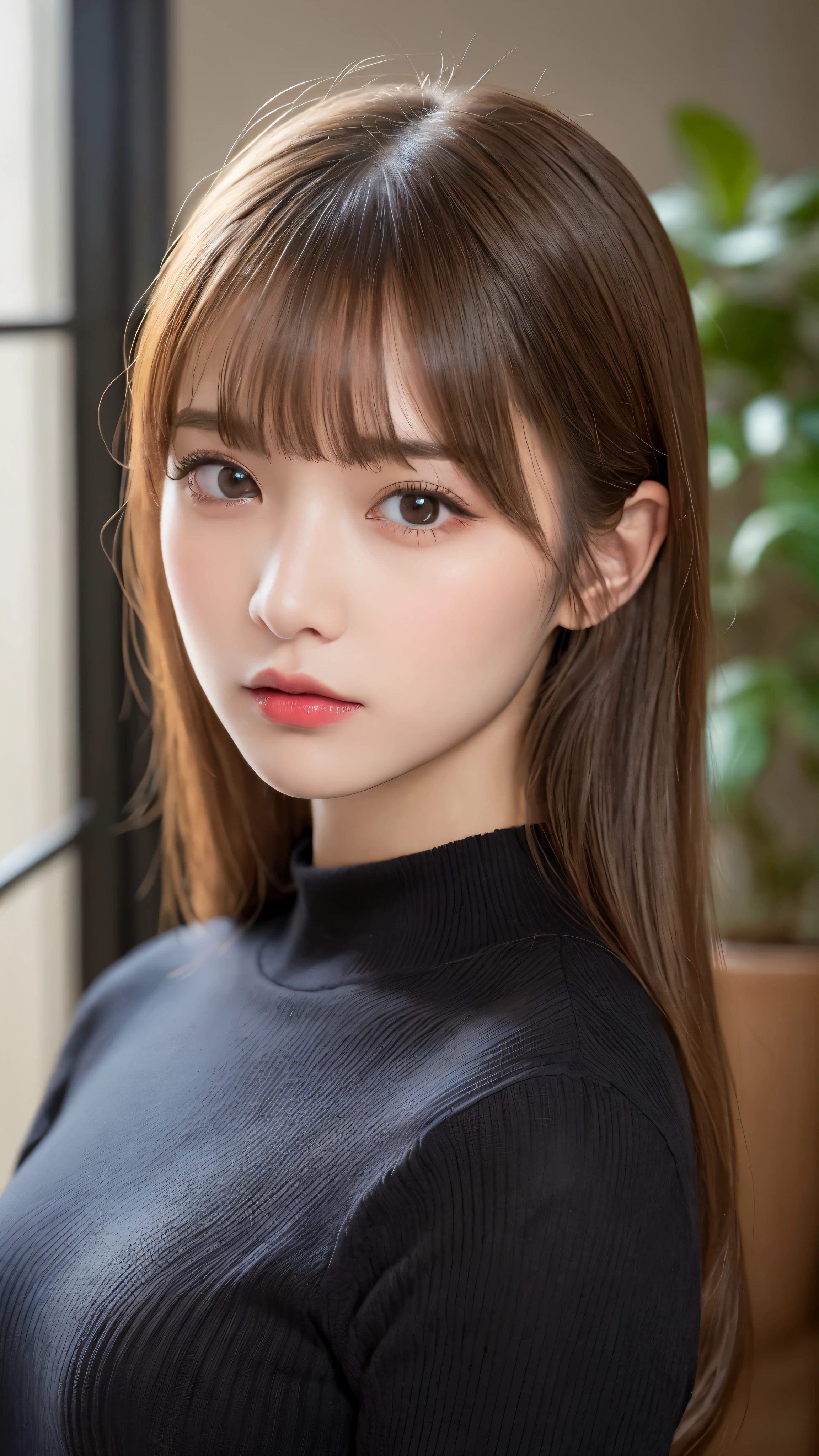 (masterpiece:1.5)、(realistic:1.5)、(highest quality:1.4、8K、RAW photo)、
ultra high resolution、professional lighting、perfect dynamic composition、indoors、
film grain、chromatic aberration、(Bokeh:1.1)、
Frank、Sophisticated、Charm、surreal、high detail、golden ratio、
(1 girl)、slender girl、繊細でCharm女の子、cute woman:1.4、
serious expression、looking at the viewer、
light brown hair、shining hair、Random cute hairstyles、
clear and beautiful skin、skin that looks real、
close your mouth、natural color lip、fine eyes、double eyelid、thin arms、
(wearing a tight black long knit)