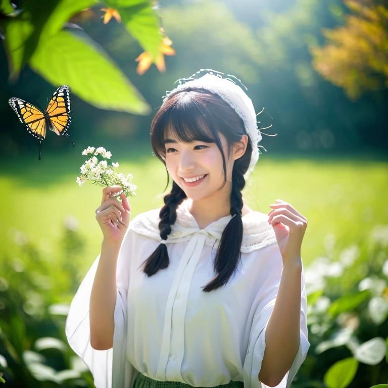 Blurry, Blurry_Qianfang, depth_of_field, flowerびら, butterfly, bug, cherry_flower, Blurry_background, green_butterfly, motion_Blur, flower, Elaina_(nice_no_tabitabi), 1女of子, Open_mouth, length_hair, pink_flower, Braid, fall_flowerびら, white_shirt, smile, skirt, shirt, white_flower, wood, outdoor, Ahoge, looking for_in_viewer, hair_between_eye, spring_(season), Day, 一人in, holding, branch, 前hair, green_null, Eyebrow_appear_through_hair, :d, Silver_hair, hood, cape