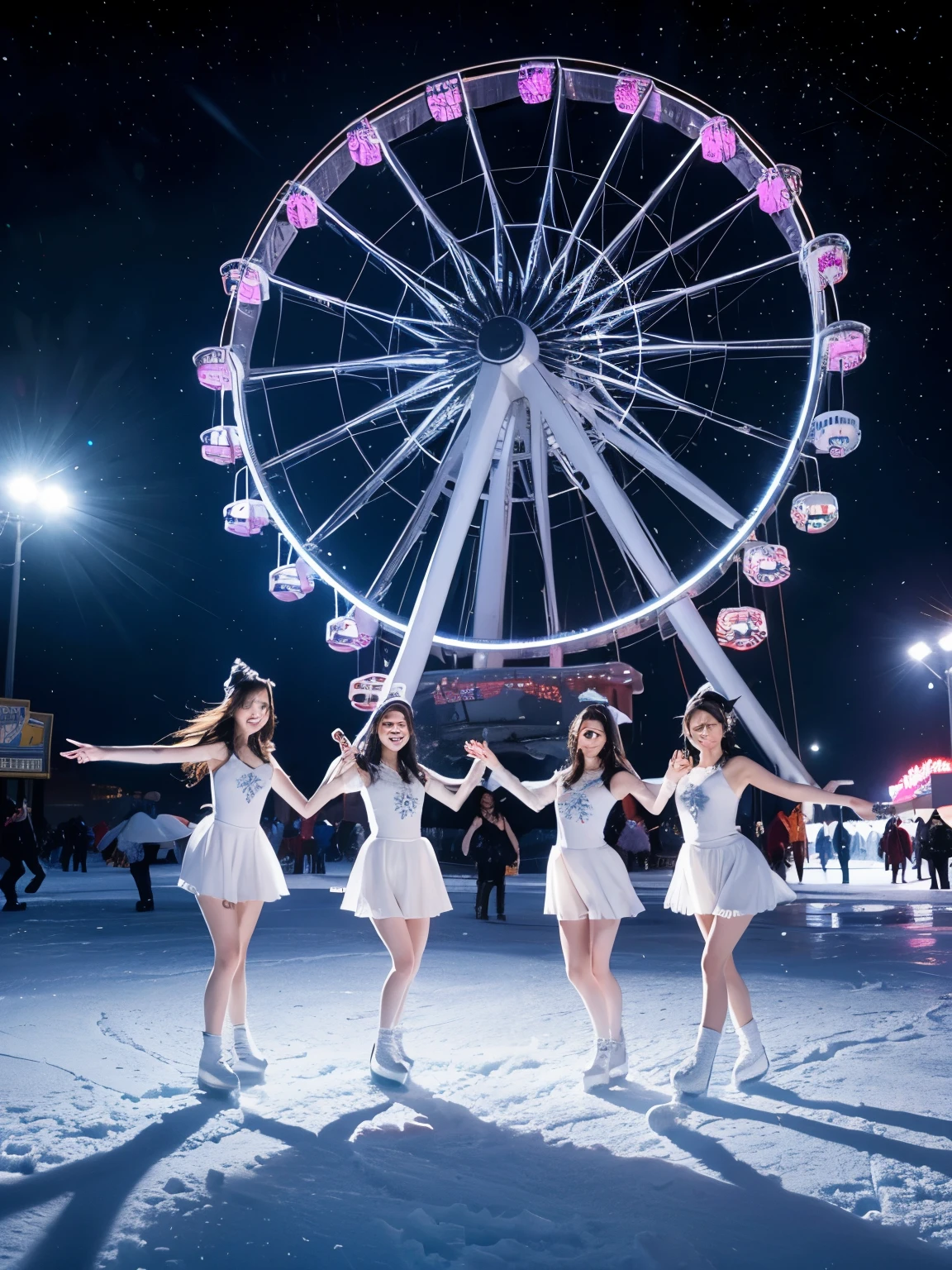 A group of girls dance in the ice and snow world，Behind is the Snowflake Ferris Wheel