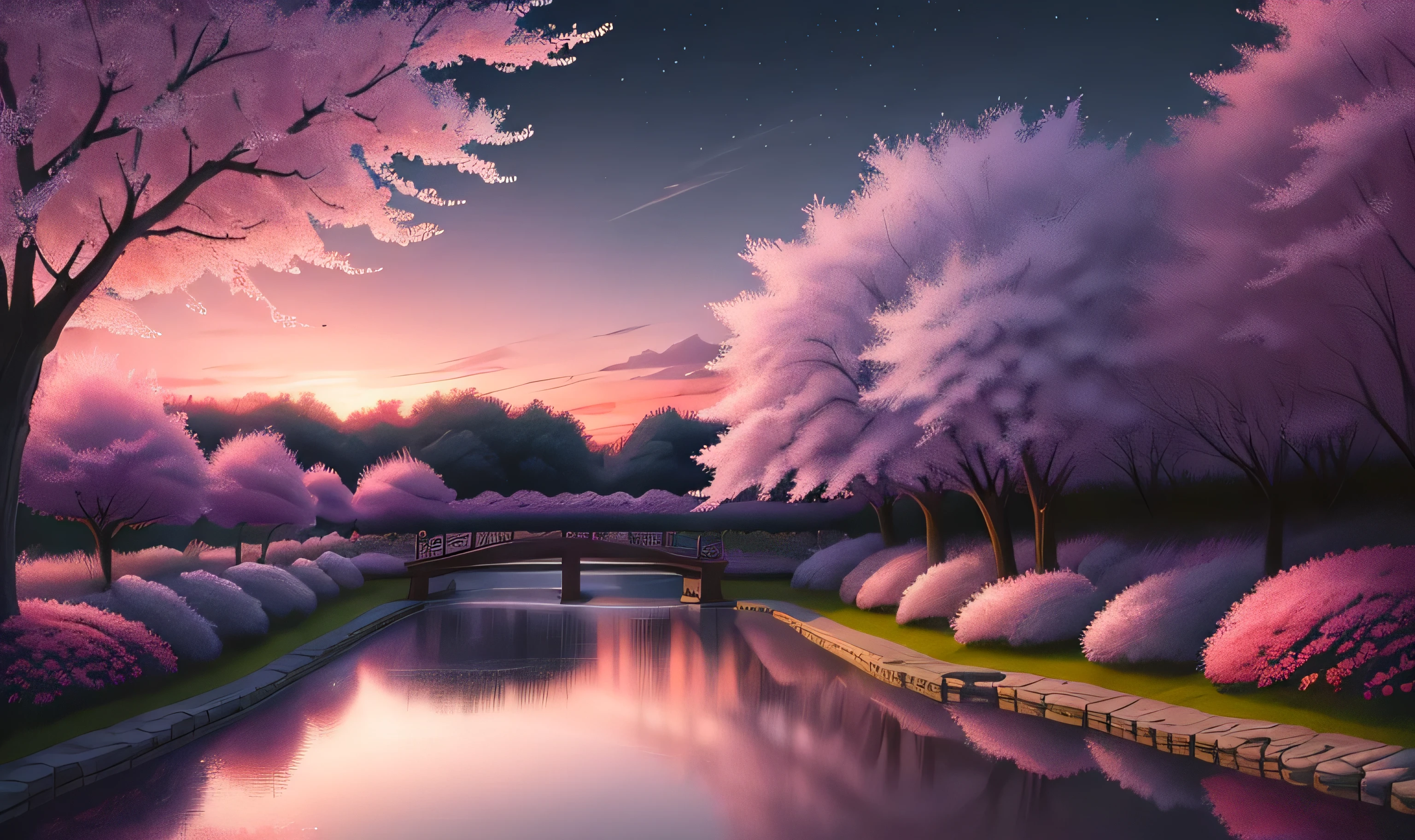 in the cherry blossom garden, authentic sunset, authentic landscape, intricate details, extremely detailed, cinematic style, slate-gray-blue atmosphere, drama, dramatic light, Alaina Lemmer, Todd Schorr