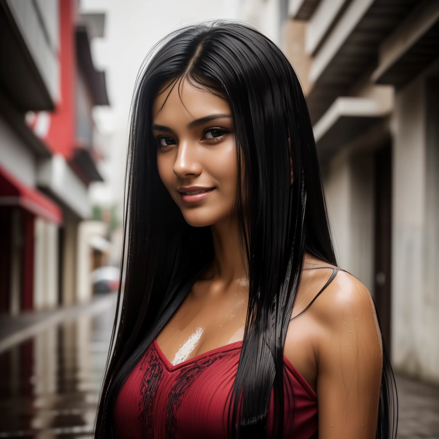 (((full shot view))), ((1 girl solo)), (one standing Clarisa Rita (looking at the  side of the camera)), (Realisitc:1.5), 25 years old, breathtaking beauty, natural beauty, delicate face, beautiful eyes, (long wavy (dark shiny black hair: 1.5)), (high posture: 1.5), athletic body, ((medium breasts: 0.5)), cleavage, seductively walking pose, walking under the rain on the street, ((topless)), wet face and body, wet hair, full smile expression face, extremely detailed and realistic red clothes, brown eyes, pearl skin, (highly detailed skin:1.1), textured skin, subsurface scattering, (sharp focus), amazing fine detail, (cinematic:1.3), (dynamic lighting), intricate details, rich colors, lifelike texture, dynamic composition, modern minimalist exterior, bright daylight, indonesian-latina,