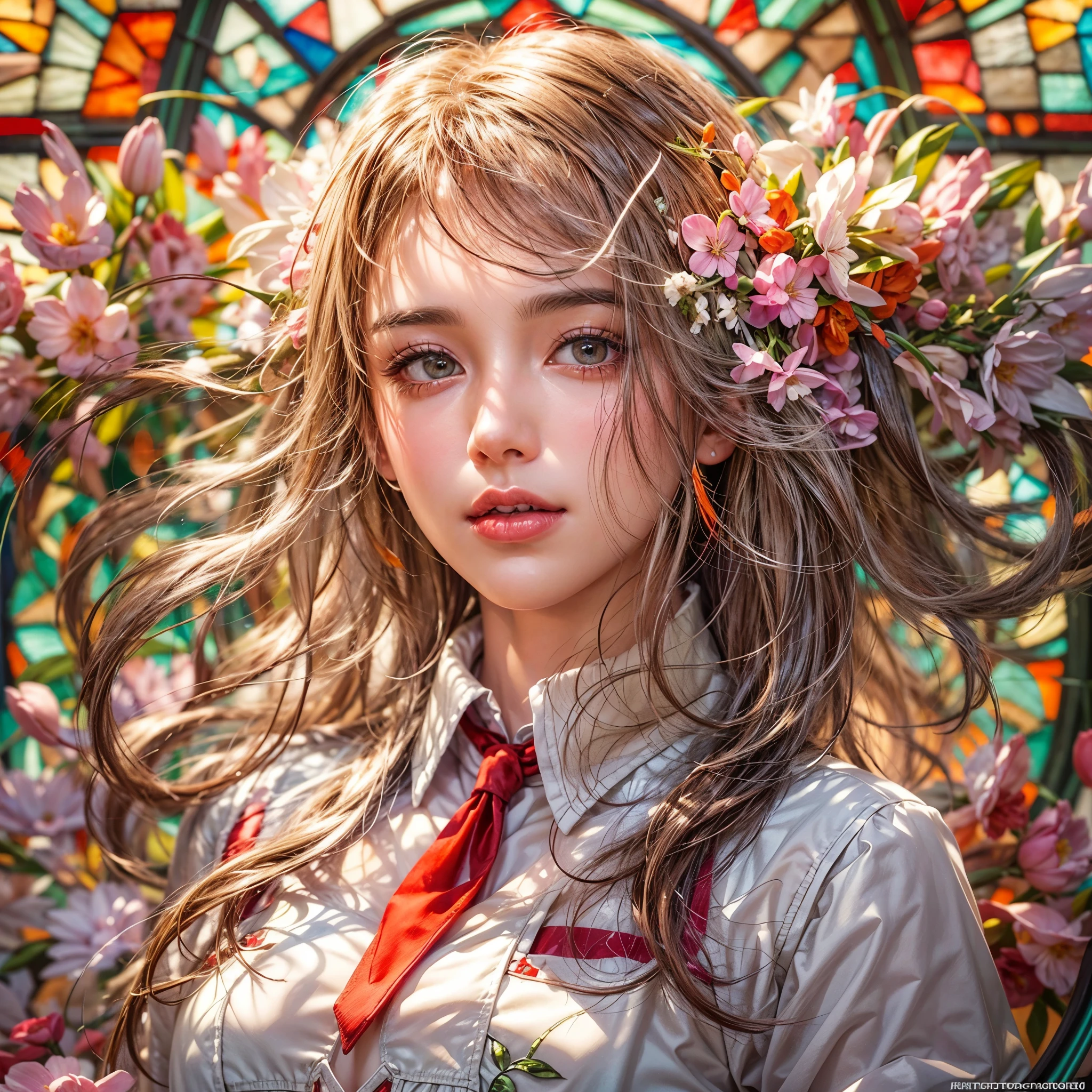 (NSFW:-0.98) . White and Red, (Dazzling colorful light pours down and reflects:1.2), (Physically-based Rendering with incredible detailed Textures), Award-winning Masterpiece of professional Analogue photograpy, { (((Photorealistic:1.37))) | (F2.8, Hasselblad) }, ((Acutance:0.85)) . (A group photo of many KAWAII girls in (school uniform)) with visible Overflowing Cleavage and Navel without bra . (((Extremely detailed KAWAII face variations)) with joyful expressions), { Systemic | Glossy cute Lips Closeup | Detailed natural eyes with sparkling highlights and long eyelashes | Rosy cheeks | Navel | (pretty Ass) | (Overflowing underboob) | Oiled ivory skin Details | White panties with (blood seeping only in crotch area) | ((full of Flowers covering girl's body:1.15)) | (((Dazzling colorful stained glass with stunning elaborate details:1.2))) | Mystic sight | A Halo ling in the air | God rays | Haze | Lens flare | Kissing face to face } . Ultra-detailed, (Exposed:0.75), (((Nipple:-0.9))) .