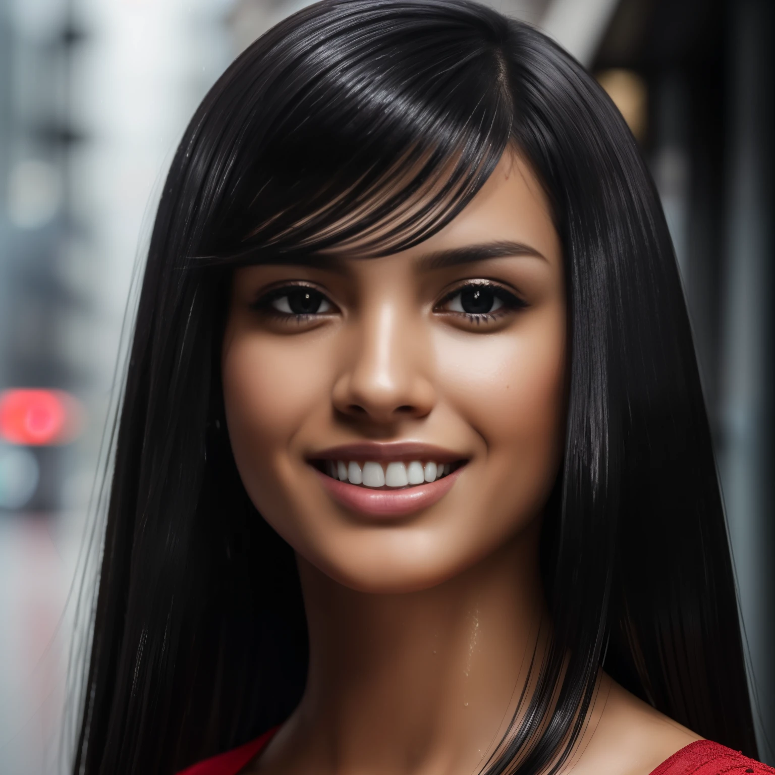 (((full shot view))), ((1 girl solo)), (one standing Clarisa Rita (looking at the side of the camera)), (Realisitc:1.5), 25 years old, breathtaking beauty, natural beauty, delicate face, beautiful eyes, (long wavy (dark shiny black hair: 1.5)), (high posture: 1.5), athletic body, ((medium breasts: 0.5)), cleavage, seductively walking pose, walking under the rain on the street, ((topless)), wet face and body, wet hair, full smile expression face, extremely detailed and realistic red clothes, brown eyes, pearl skin, (highly detailed skin:1.1), textured skin, subsurface scattering, (sharp focus), amazing fine detail, (cinematic:1.3), (dynamic lighting), intricate details, rich colors, lifelike texture, dynamic composition, modern minimalist exterior, bright daylight, indonesian-latina,