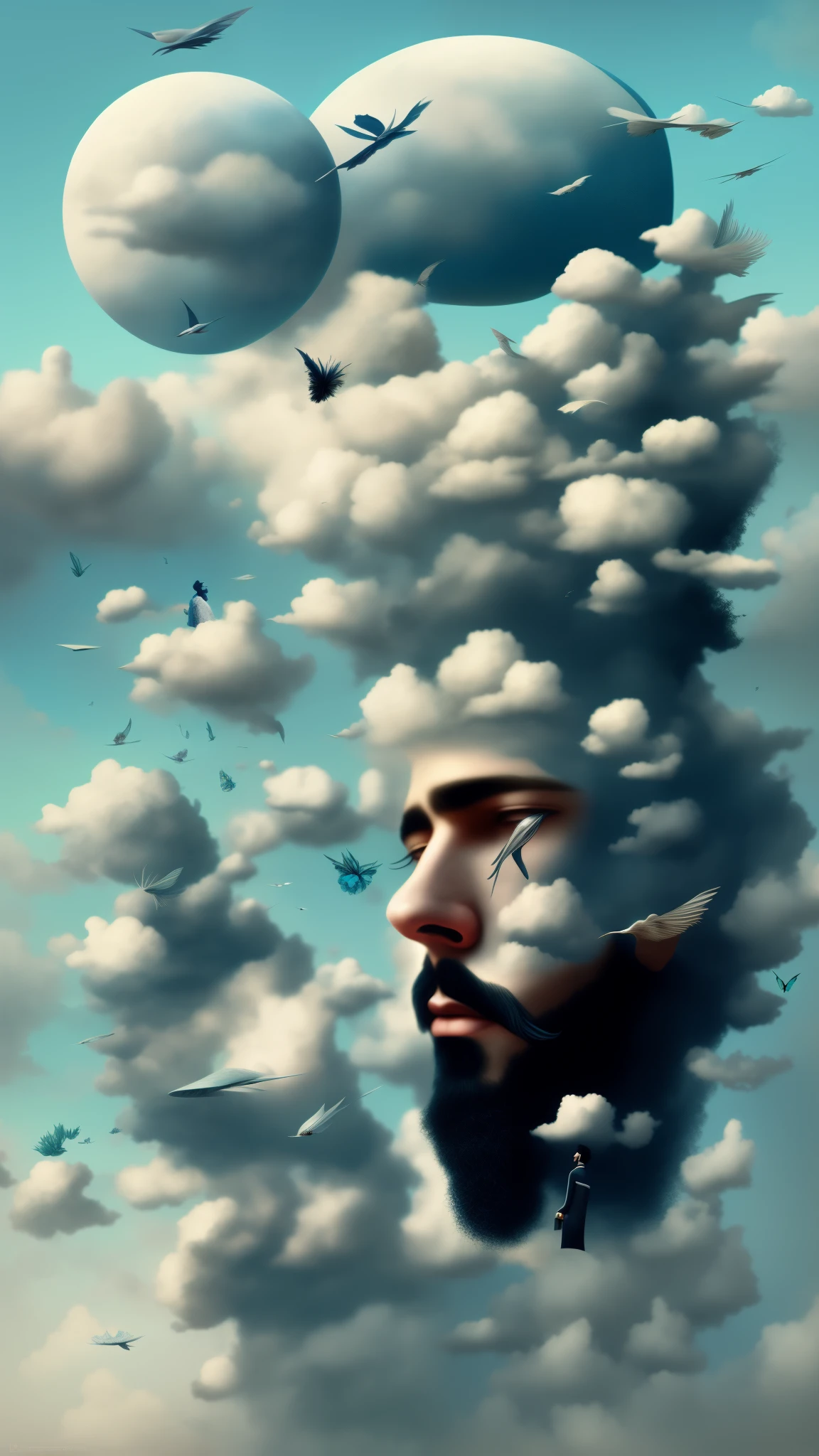 Bearded、Ara of a man whose face appeared in the clouds々new image, sylvain sarrailh and igor morski, Alberto Seveso and Dan McCaw, surrealistic digital artwork, very detailed surrealist art, very detailedデジタルアート, surreal 3 d render, surreal and fantasy art, surreal + very detailed, surreal art, surreal digital art