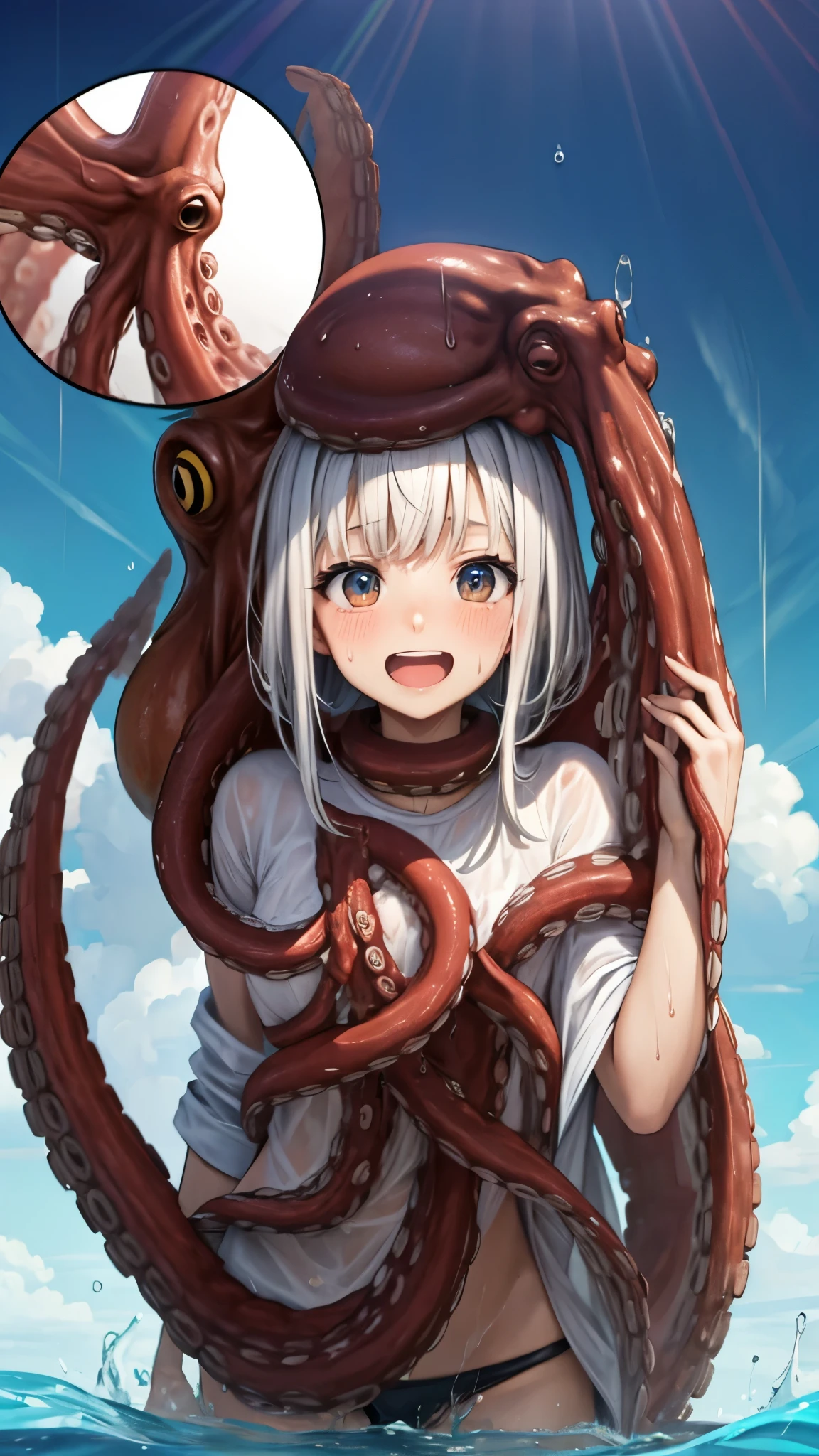 woman,20-year-old,((Ocean)),white tight bodysuit,(Harada Makoto),open mouth smile,(((See-through)))(((lots of octopus)))((Octopus tentacles wrap around the body))((blush))(((wet with sweat)))