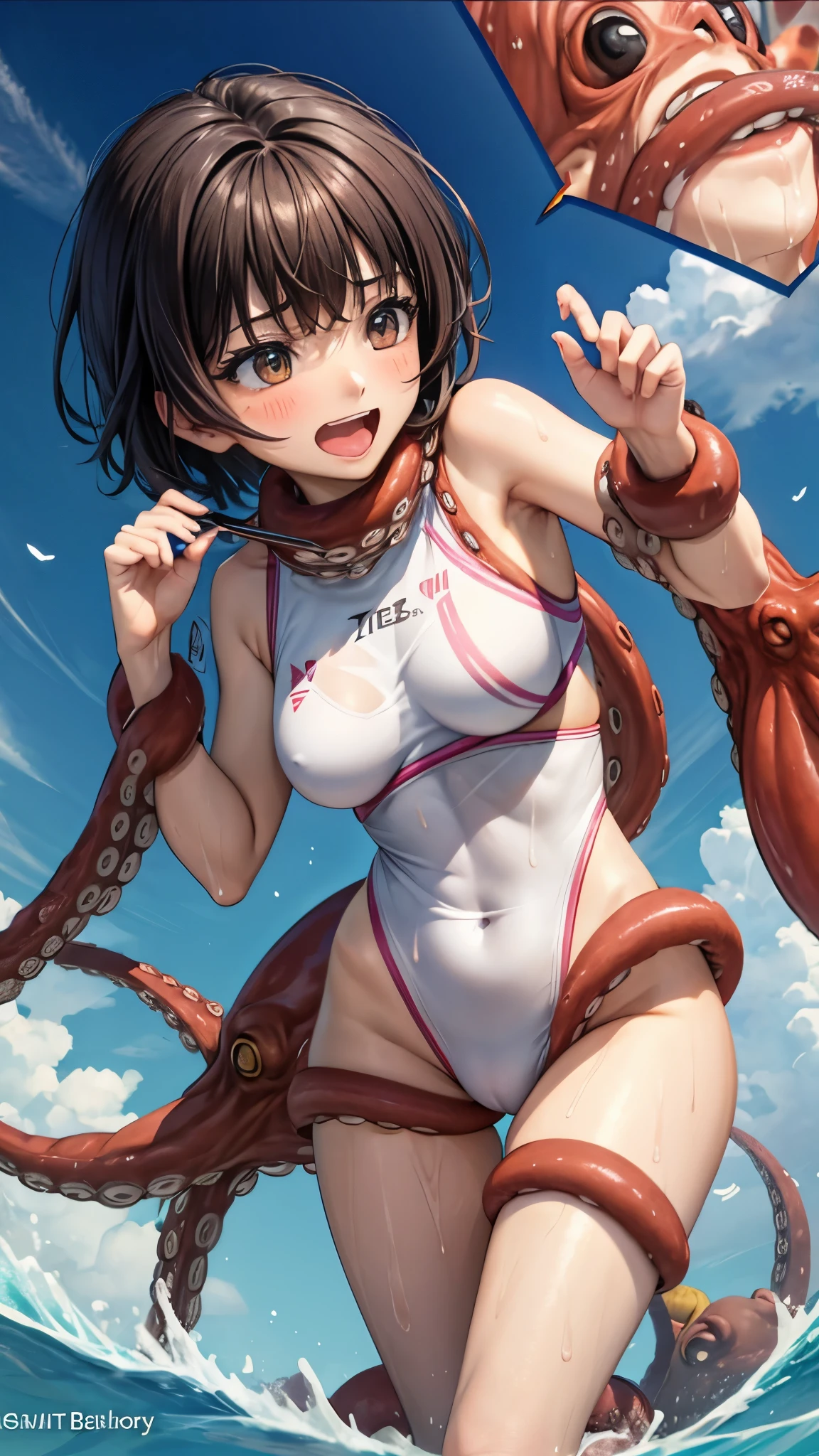 woman,20-year-old,((Ocean)),white tight bodysuit,(Harada Makoto),open mouth smile,(((See-through)))(((lots of octopus)))((Octopus tentacles wrap around the body))((blush))(((wet with sweat)))