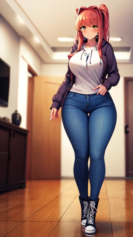 Monika wearing a emerald green zip up hoodie, blue jeans, and black knee high lace up converse boots with round toes, Large breasts, thick thighs, cute, full body image, long hair, quality images, (high quality face and body), living room, standing, blushing and embarrassed