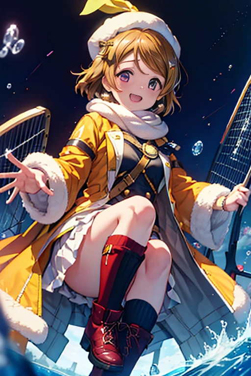 highest quality, masterpiece, High resolution, solo, {koizumi_hanayo_lovelive:1.15}, long hair，brown hair， Purple order, tying back hair，smile, blush, 1 girl, green long coat,Yellow sweater,Red muffler,shorts,yellow knee high socks,white short boots,In town,walking,close your mouth