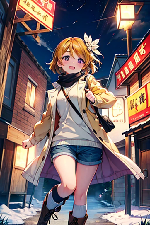 highest quality, masterpiece, High resolution, solo, {koizumi_hanayo_lovelive:1.15}, long hair，brown hair， Purple order, tying back hair，smile, blush, 1 girl, green long coat,Yellow sweater,Red muffler,shorts,yellow knee high socks,white short boots,In town,walking,close your mouth