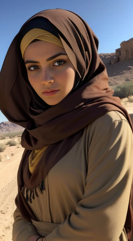 (masterpiece, high resolution, photo-realistic:1.3), courageous Palestinian woman, (flowing headscarf:1.2), standing proudly in the desert, bold gaze, vibrant sunlight casting strong shadows, symbolic Palestinian colors, resilient expression, clenched fists, wind-swept scarf, dusty terrain, distant olive trees, resilient atmosphere, capturing the spirit of courage, hope against adversity, intricate detailing of clothing, emphasizing the strength of the people, powerful wallpaper.