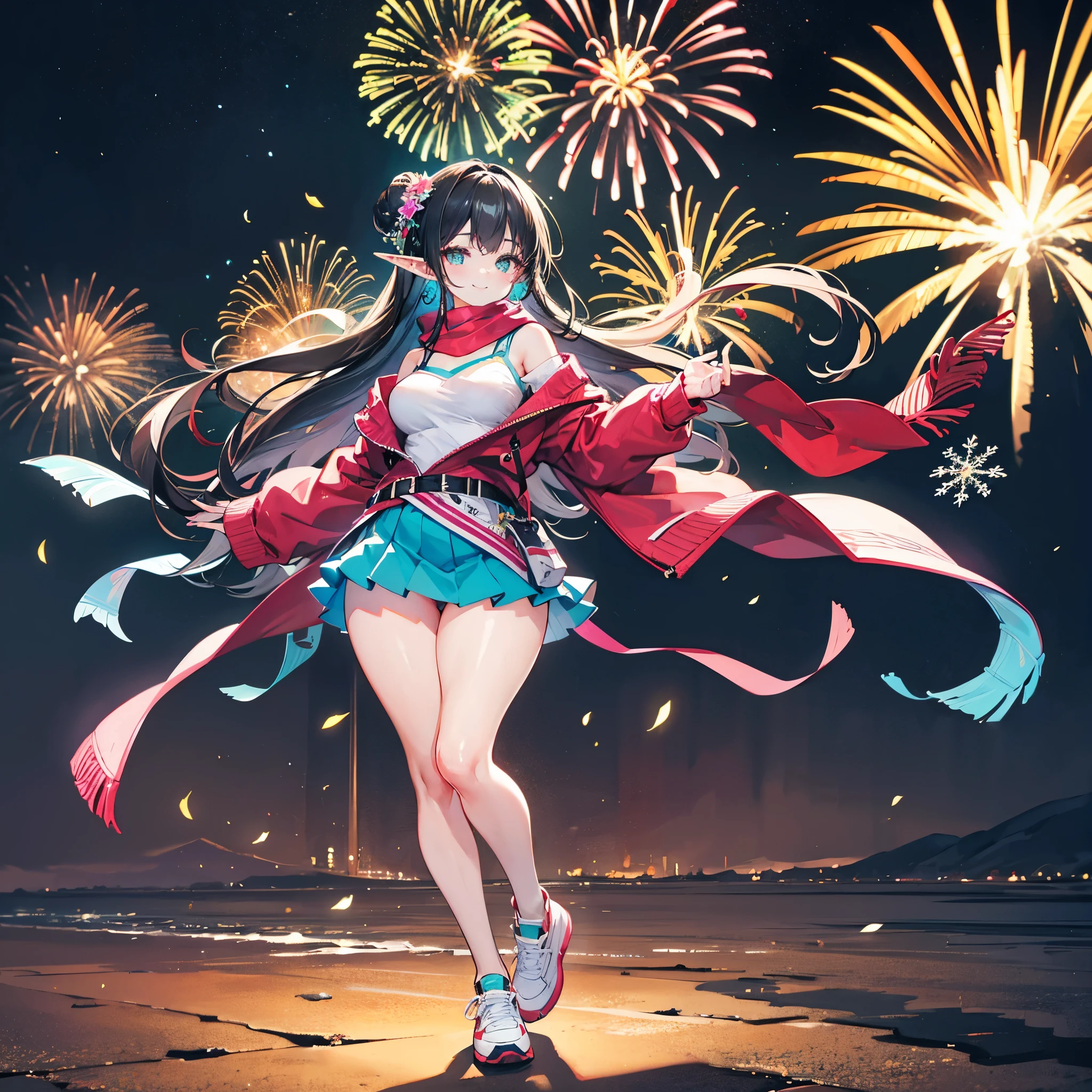 Detailed image, coherent image, high quality image, 1 elf, hair up with flower decorations, black hair.Turquoise eyes, long eyelashes, Earrings, smiling, wearing an off-shoulder sweater, with a scarf, pleated mini skirt, stockings to mid-thigh with light. Sneakers, curvy body, medium chest, thick thighs, round buttocks. At night, surrounded by snowflakes, fireworks. Full body view, natural lighting,round ass
