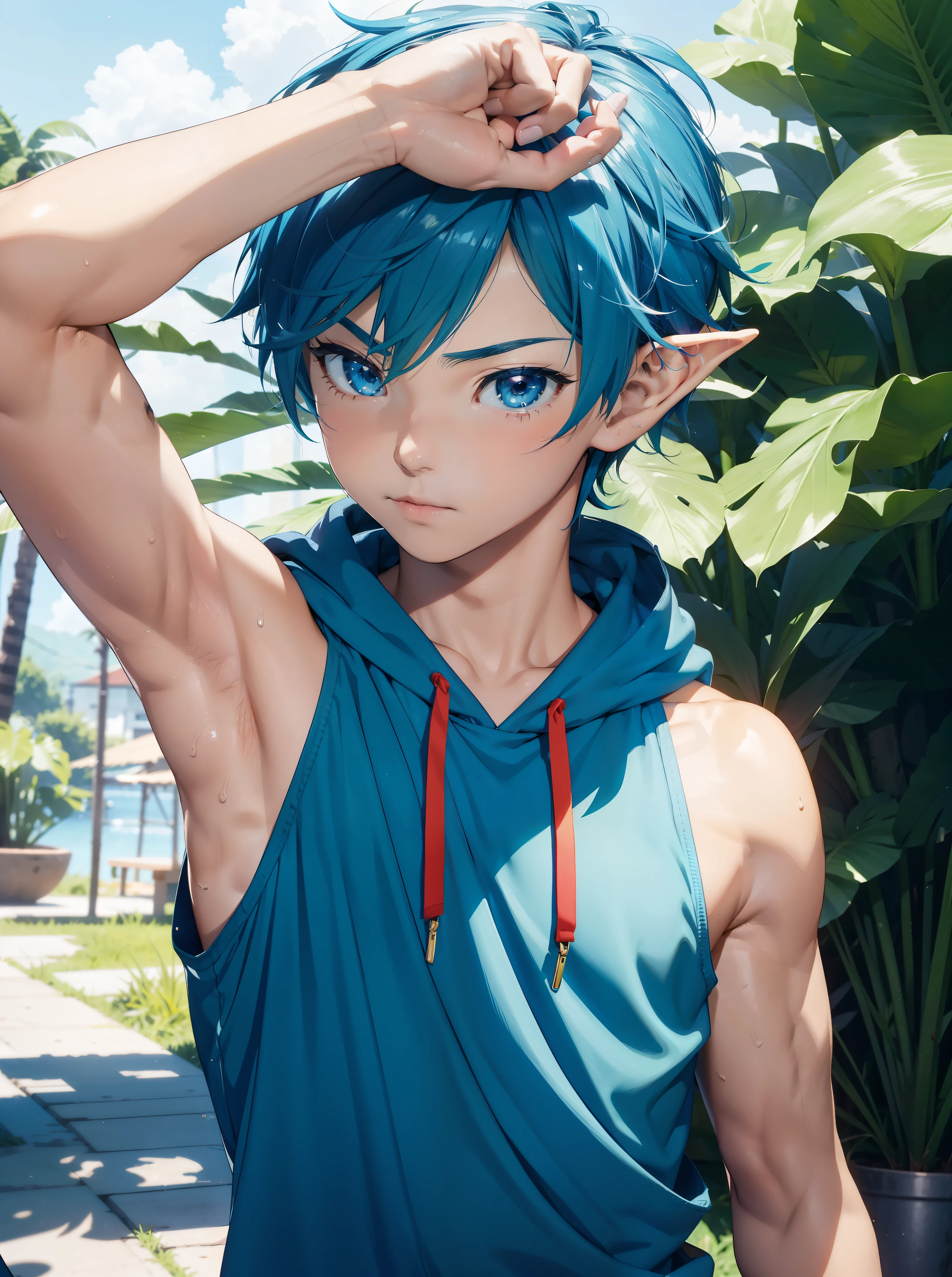 A small child,(younge boy,Kid's face,The corners of the mouth are raised,elementary student,Square chin,Juvenile faces,a baby face,kiddy big breasts,infancy),nakeness,Round eyes,Raise your head,Chest,(Thick chest hair),(Thick abdominal hair),No beard,(Stout stuffy tail),rainbowing,Short round face,Flat chin,Fine face in detail,Teal briefs,Muscular and strong,Short light yellow-green hair,(Gradient hair color),nakeness,Teal briefs,Pectoralis abdominal muscles,Bare pectoralis abs,the night,vivd colour,(depth of fields:1.2),spread their legs,legs separated,Keep your legs straight,Close-up Shot Shot,rainbowing