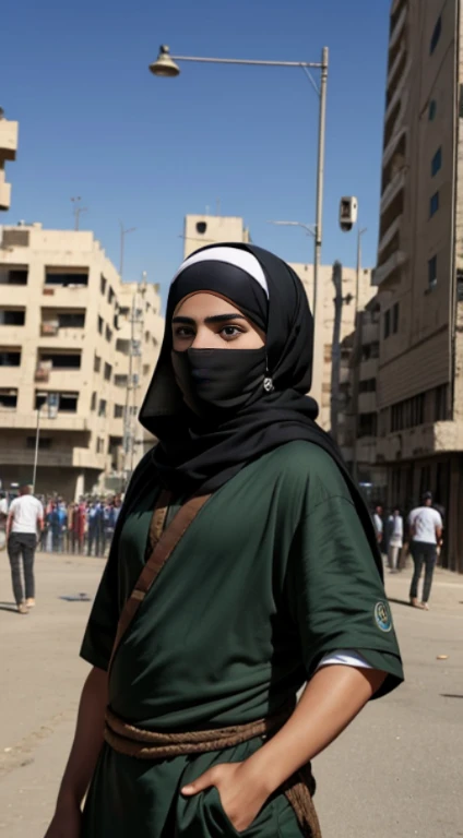 (masterpiece, best quality, CGI, official art:1.2), determined Palestinian youth, (kufiya wrapped around face:1.3), standing against urban backdrop, street art depicting resistance, dynamic angle, intense emotion in eyes, raised fist, rallying cry, billowing flags, skyline of Palestinian cities, vibrant colors, capturing the energy of protest, symbol of hope, immersive storytelling, defiant atmosphere, monumental architecture, looking toward the horizon, visually striking composition.