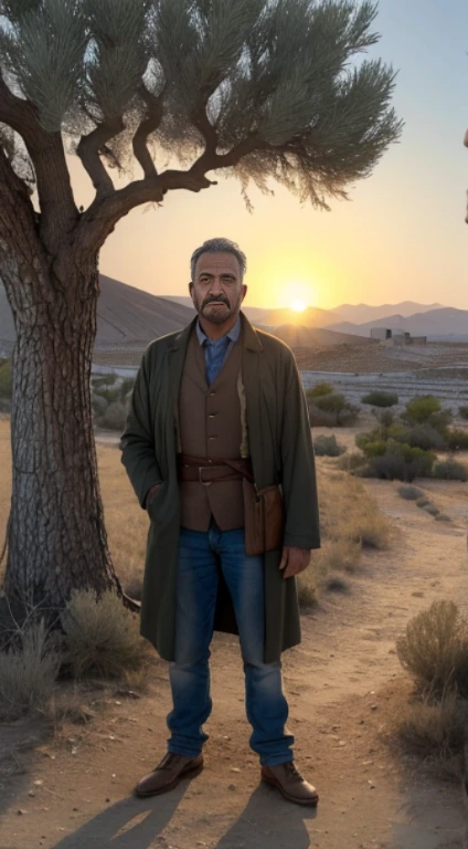 (masterpiece, ultra high res, illustration, detailed:1.3), fearless Palestinian man, (weathered clothing:1.2), standing amidst historic ruins, ancient olive trees in the background, defiance etched on face, golden hour sunlight, dust-filled air, echoes of resilience, worn but unyielding spirit, intricate detailing of clothing, capturing the bravery of the people, top-down perspective, shadows playing on the ground, timeless representation of courage, frame-worthy composition.