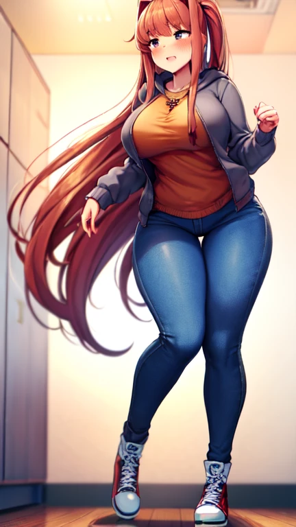 Monika wearing a emerald green zip up hoodie, blue jeans, and black knee high lace up converse boots with round toes, Large breasts, thick thighs, cute, full body image, long hair, quality images, (high quality face and body), living room, standing, blushing and embarrassed, front and back view 