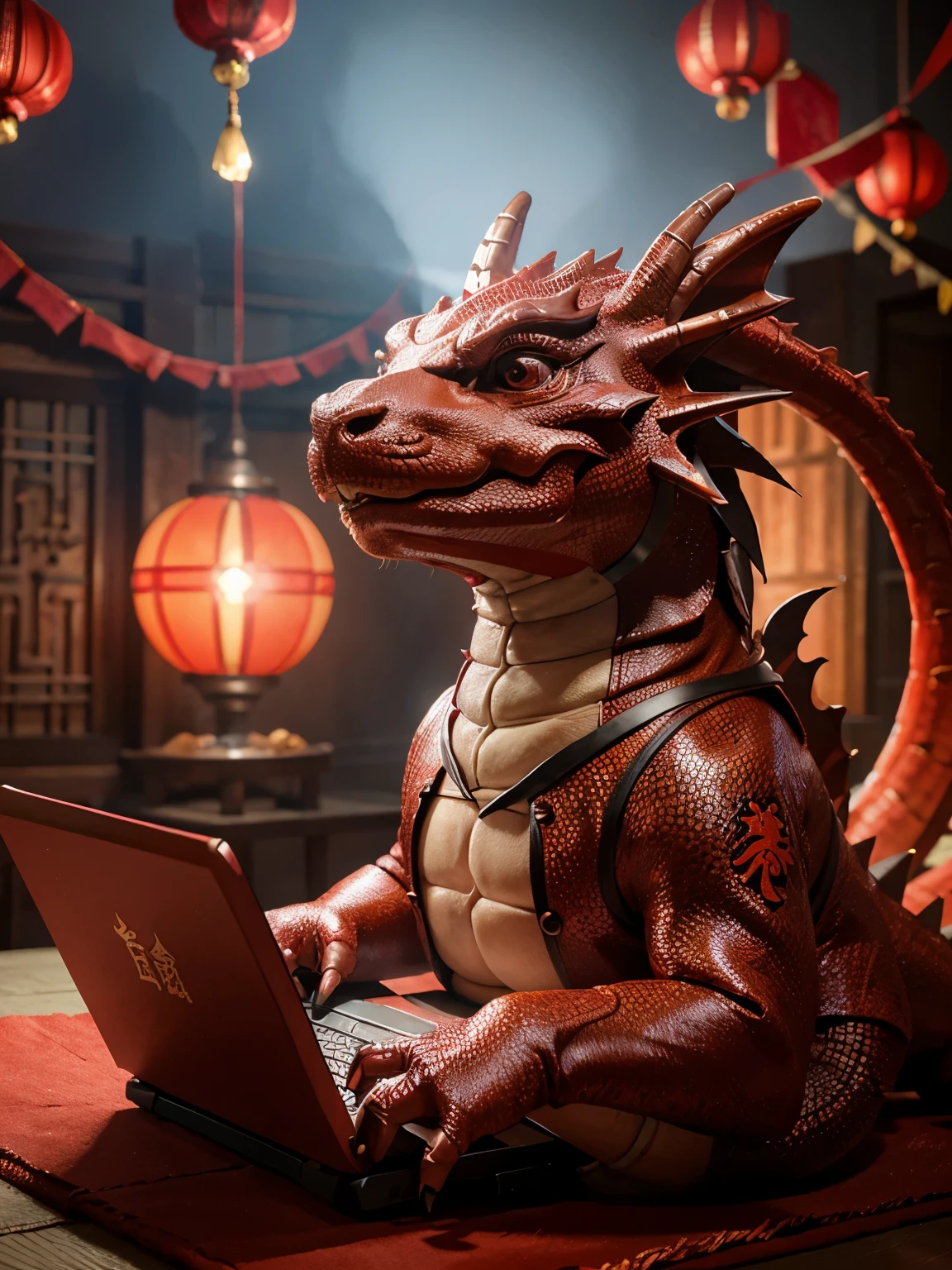Oriental Dragon，Dragon IP image，Character illustration，The cute little dragon is typing code in front of，Spring Festival red envelopes，programmer，Cartoon image，Spring Festival elements，Master quality，HD quality，illustration