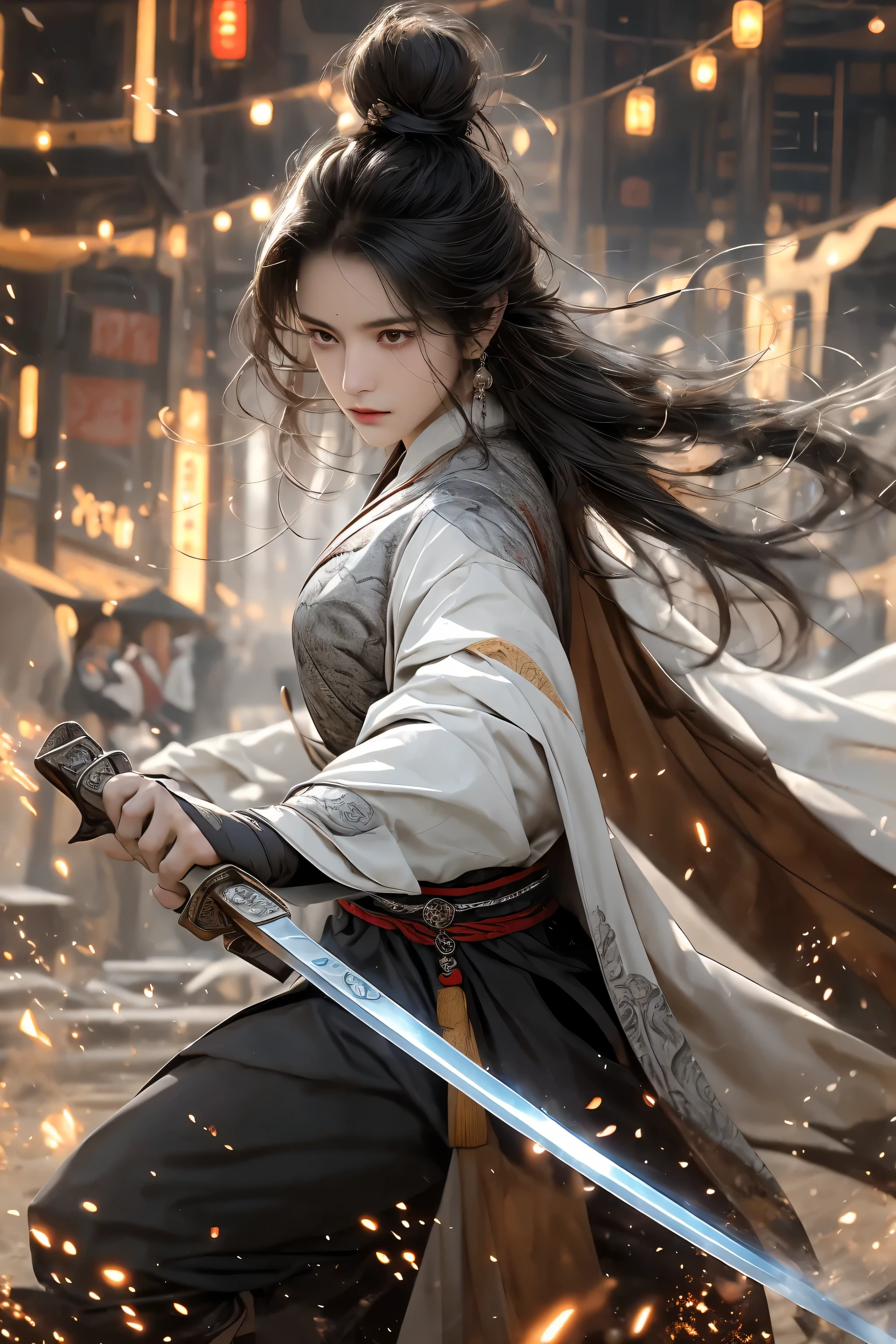 A young girl wearing ancient Chinese clothing, cow body ,long shot ,Asian , Take the blade , Dance , Martial arts and fairy-like atmosphere, game character, Surrounded by runes, cyberpunk style, neon lights, best quality, masterpiece, CG, human development report, HD, Very detailed, lifelike, epic, Detailed face, beautiful, 详细的超HD