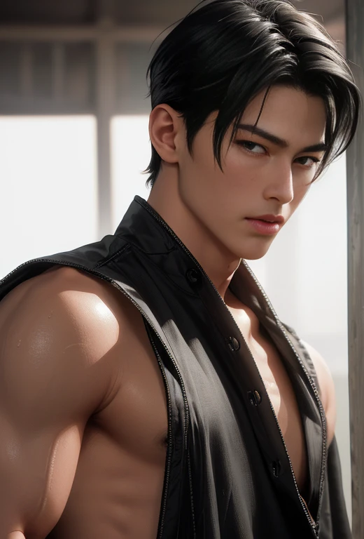 ((High quality)), ((masterpiece)), ((highly detailed)), perfect face, realistic, ((man)), ((Asian)), black hair, comma hair cut style, ((handsome)), detailed eyes, beautiful detailed nose, realistic body, realistic light, comfortable expressions, cute guy, sweat guy, cool guy, ((athletic body)), hands bound by chains, body covered in wounds,bondage