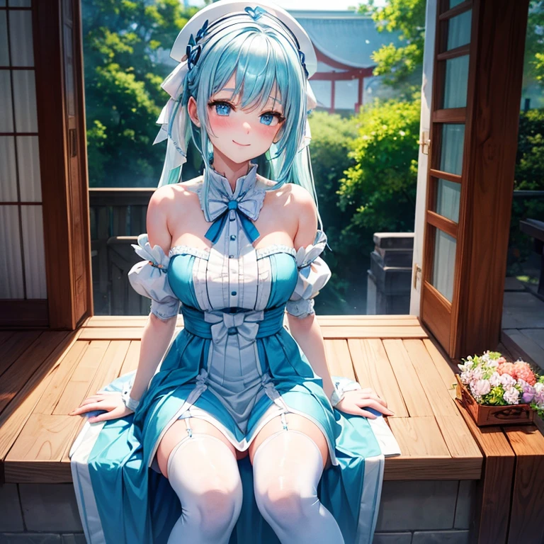 Beautiful girl, white and blue hair, cyan eyes, wearing a blue dress, white thigh-highs, naked shoulders, ribbon, sitting outside of a shrine, shyly smiling, slightly red cheeks, ultra detailed, high res, vibrant colours, mid-shot