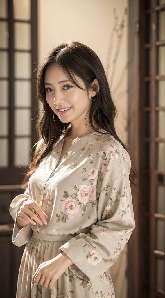 portrait, 8K, high quality, realistic photo images, 45 years old, japanese women, neat wife, small, housewife, Reproduces natural and realistic eyes, japanese stand, small, beautiful black hair, long hair, light makeup, octane rendering, beautiful lighting, golden ratio composition, smile, everyday clothes, floral pattern dress, natural background, blurred background, 4K, high quality, realistic photo images, japanese women, 45 years old, Pure Japan face, Beautiful wife, Upper body, small, light makeup, No makeup, Neat beauty, mature woman, sober clothes, green, beige, green, long skirt, shopping. sober, casual clothes, smile, black hair, small black eyes, background blur