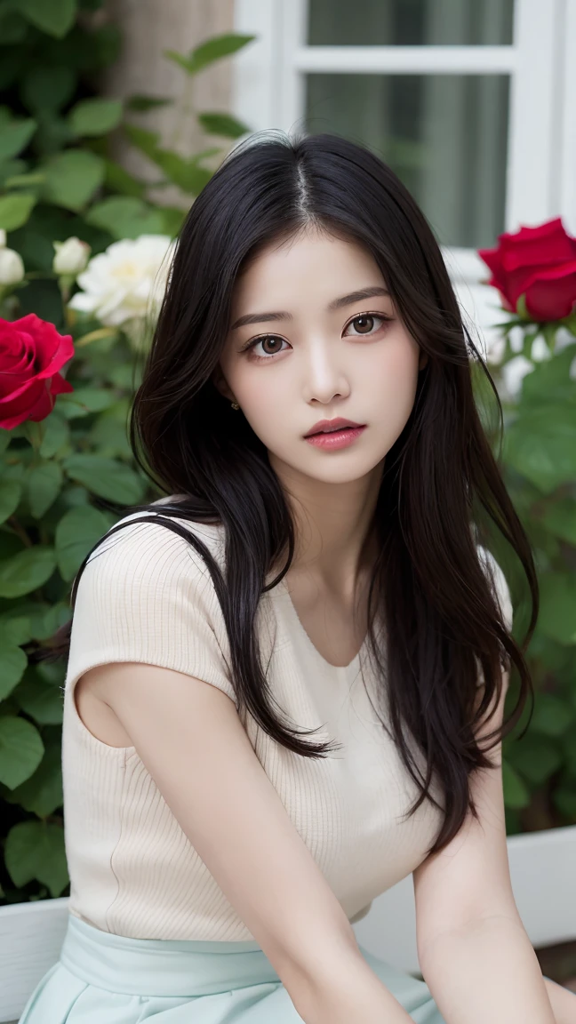 1girl,solo,long hair,looking at viewer,skirt,black hair,sitting,flower,parted lips,blurry,lips,window,rose,bug,butterfly,realistic