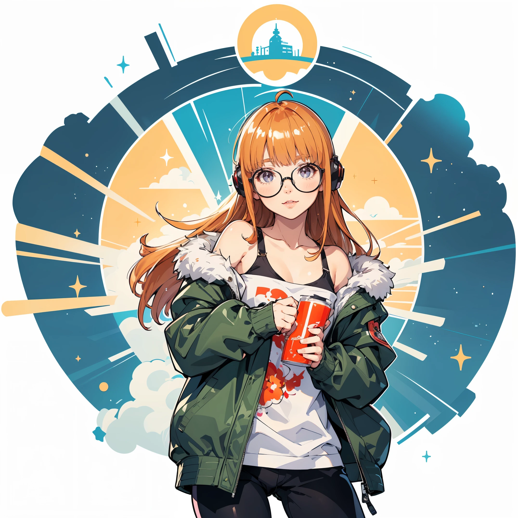 muste piece, best quality, High resolution, 1 girl, futaba sakura, blunt bangs, glassesの, black frame eyewear, Ahoge,orange hair、 small chest purple eyes、 glassesの, headphones,  , The jacket is the jacket, off shoulder, fur trim, fur-trimmed jacket, Green jacket, short pants, ,golden hour,A smile showing fangs、1black cat、futaba sakura、eyes purple、orange hair、glasses、,masterpiece、highest quality、official art、An illustration、clear lines、(cool_color)、perfect composition、focus、Accurate, anatomically correct、 、High resolution, beautiful detailed glow, muste piece*People photography, 3d face, Reality, (muste piece: 1.3), (maximum resolution: 1.2), (ultra high definition tv: 1.2), cinema light, 8K resolution, No ,masterpiece、highest quality、ultra detail、(((glossy lips: 1.4)))pretty face, Accurate, anatomically correct, NoAlways detailed face and skin texture, detailed eyes, double eyelids, tthin eyebrows、 pale skin, Glowing skin all over the body, perfect face,Always detailed face and skin texture, detailed eyes, double eyelids, thin eyebrows,natural cheeks, shiny skin, fair skin, glossy skin: 1.2, (glossy lips: 1.4), (((最高にbeautiful girl)))、(((beautiful girl)))、（a little blush）、（pretty face）、
delicate and beautiful hair, Delicate and beautiful eyes and face, (Beautiful gorgeous cute western woman:1.3),)(((Very pretty face))))(((long eyelashes))))(((circular sparkling eyes)))(((Glossy and glossy lips)))
(((slightly reddish cheeks:0.8)))(((Clean, straight nose bridge)))、(((cowboy shot))),a sticker, up of face、Focus on the face、 In a circle, White background, Cyber World Background，Gold-rimmed，It features a simple, View details in viewer, Detailed drawing, vectorized, silhuette, 8K, professional sticker design, Flat design, Vector lines, a sticker, Drawing,