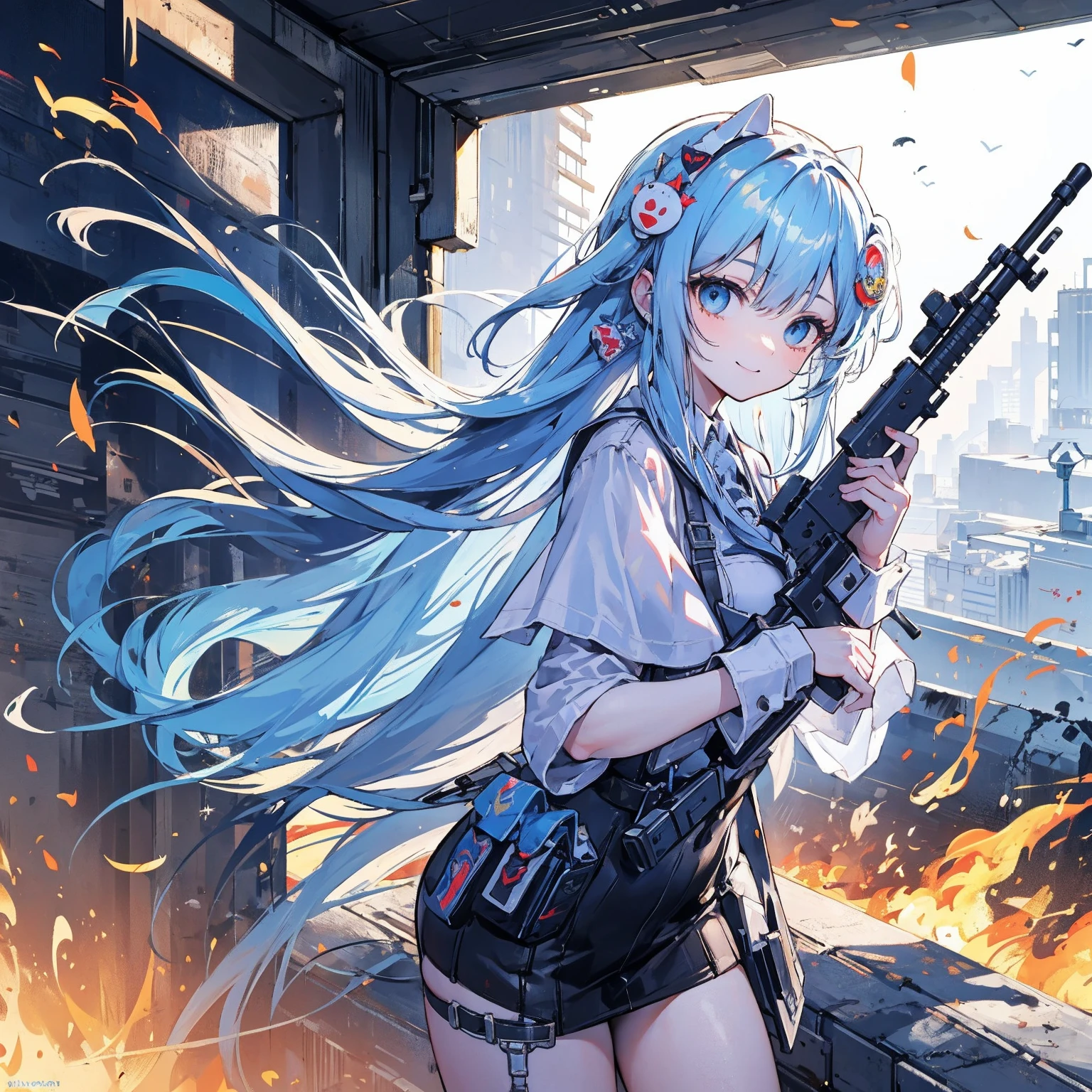 {{masterpiece, highest quality, HigHly detailed CG, unified 8k wallpaper, movie ligHting, Lens flare}}, 1 girl Holding a rifle tHrougH tHe wall, wide field of view, tHick body, long blonde Hair soaring in tHe wind,  (Holding a weapon, Holding a rifle, aim, aim: 1.4), gun, H&k Hk416, カービンgun, open fire, rubble, Ruins in conflict areas, feather, Nitric acid smoke, Burst wind, Flying bullets, sniper, 35mm, f/1.8, nigHt，light blue hair，pale blue eyes，smile