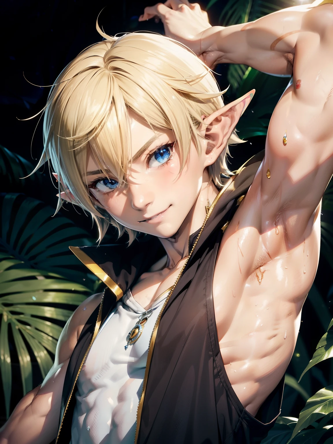 Anime style, Detail image,Smile, Elf boy, Elf ear, 1boy,Little Boy, hansome boy, cute face, Sleeveless hoodie, Sweat, Cheerful boy, Jungle, body only, 、(show his armpit, focus on the armpit, shine closer to the armpit), Smooth image