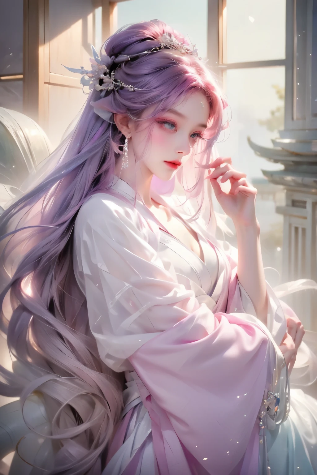 Close-up of a woman wearing a purple dress and tiara, beautiful fantasy queen, ((beautiful fantasy queen)), Inspired by Lan Ying, Inspired by Qiu Ying, palace , A girl wearing Hanfu, Queen of China, chinese princess, Inspired by Huang Ji, Inspired by Ma Yuanyu, beautiful figure painting, full body xianxia surreal, Very detailed, and a high-resolution 16k image of a young man, Beautiful female ghost or patron saint. She has light pink hair and translucent skin, The image captures the ethereal beauty and mystery of the world. Style inspired by sophistication, Soft aesthetics in traditional Chinese art.