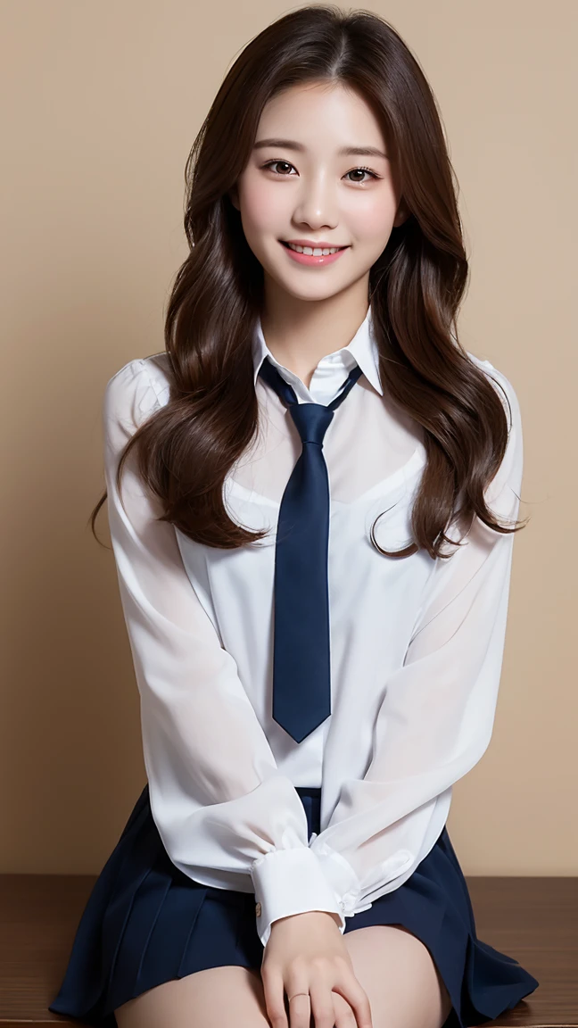 Very detailed 8k wallpaper)、foco nítido、in detail、Drama、Delicate and beautiful schoolgirl、sixteen years old、skyrocket、natta、Sheer white shirt、Quite short skirt、neck tie、ligh brown hair、hair adornments、Beautiful and sexy、A smile、独奏、Beautiful graphics、